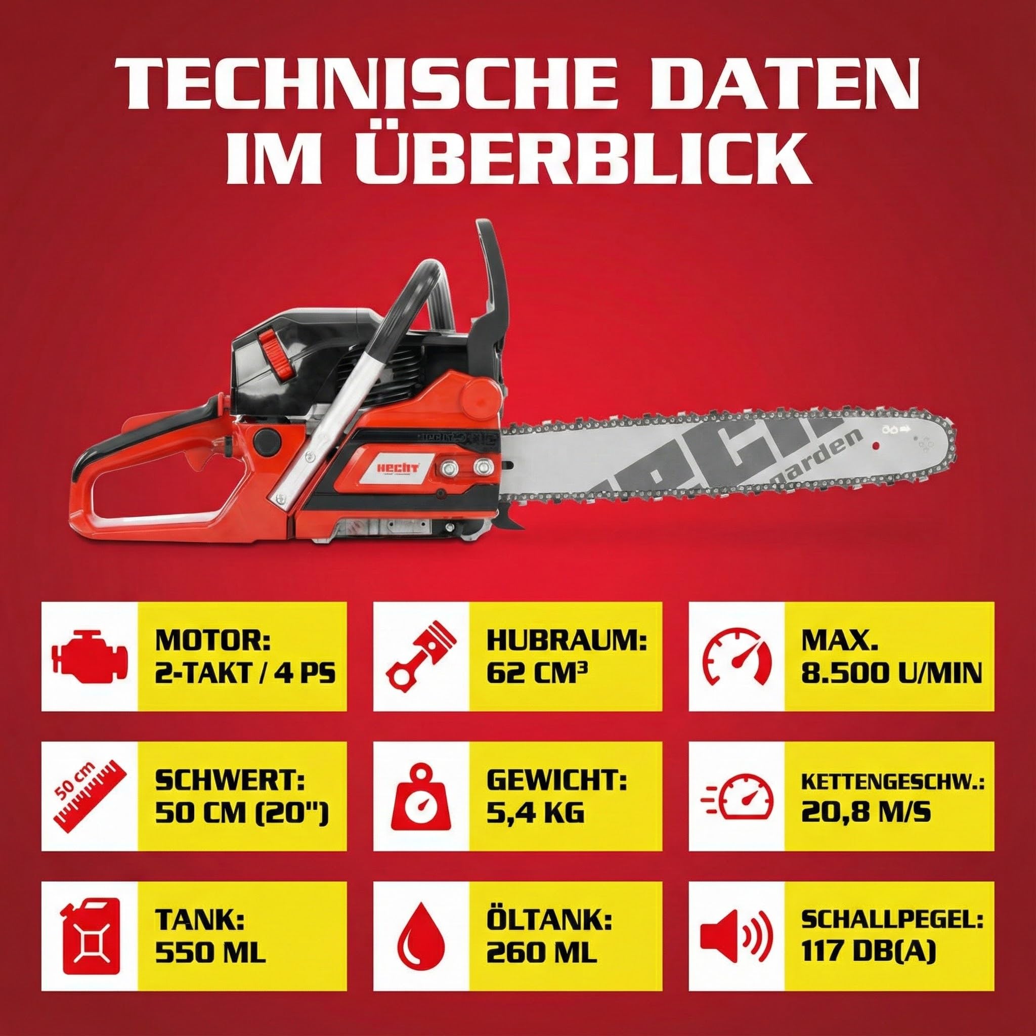 HECHT Benzin Kettensäge 62 cm³ 4 PS mit 50 cm Schwert