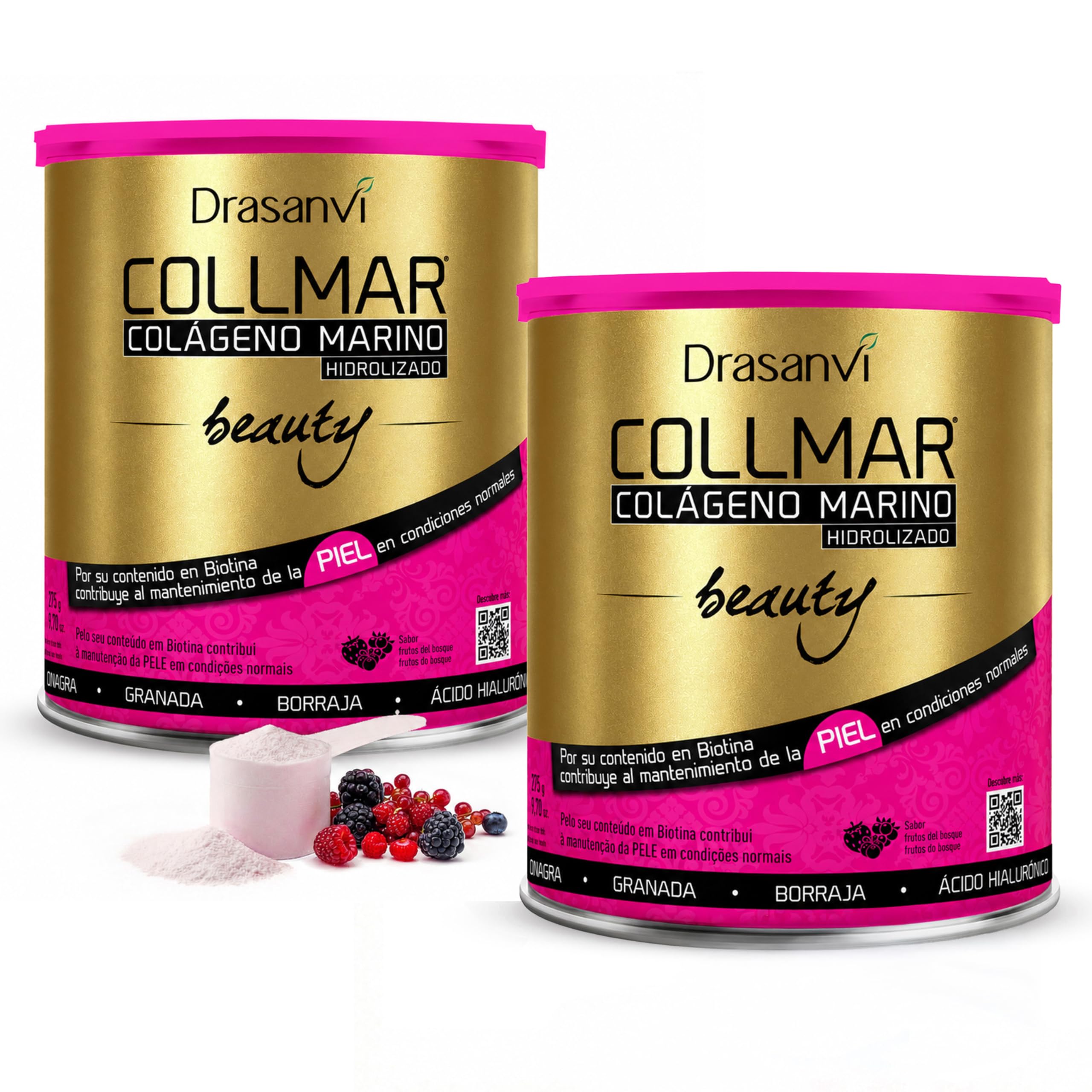 Drasanvi Colageno Marino Hidrolizado Beauty (PACK 2) + Ácido Hialurónico | Colágeno con Biotina + Vitamina C Natural |Elasticidad, Firmeza y Luminosidad de la Piel |2x275g=54 día|Sabor Frutos Bosque