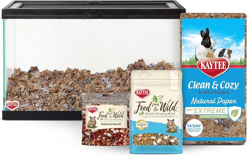 Kaytee Clearview Home Bundle Glass Hamster Habitat, Bedding, 20 Inches | Supports burrowing. Glass hamster tank with deep bedding. Locking top, easy-clean, paper bedding
