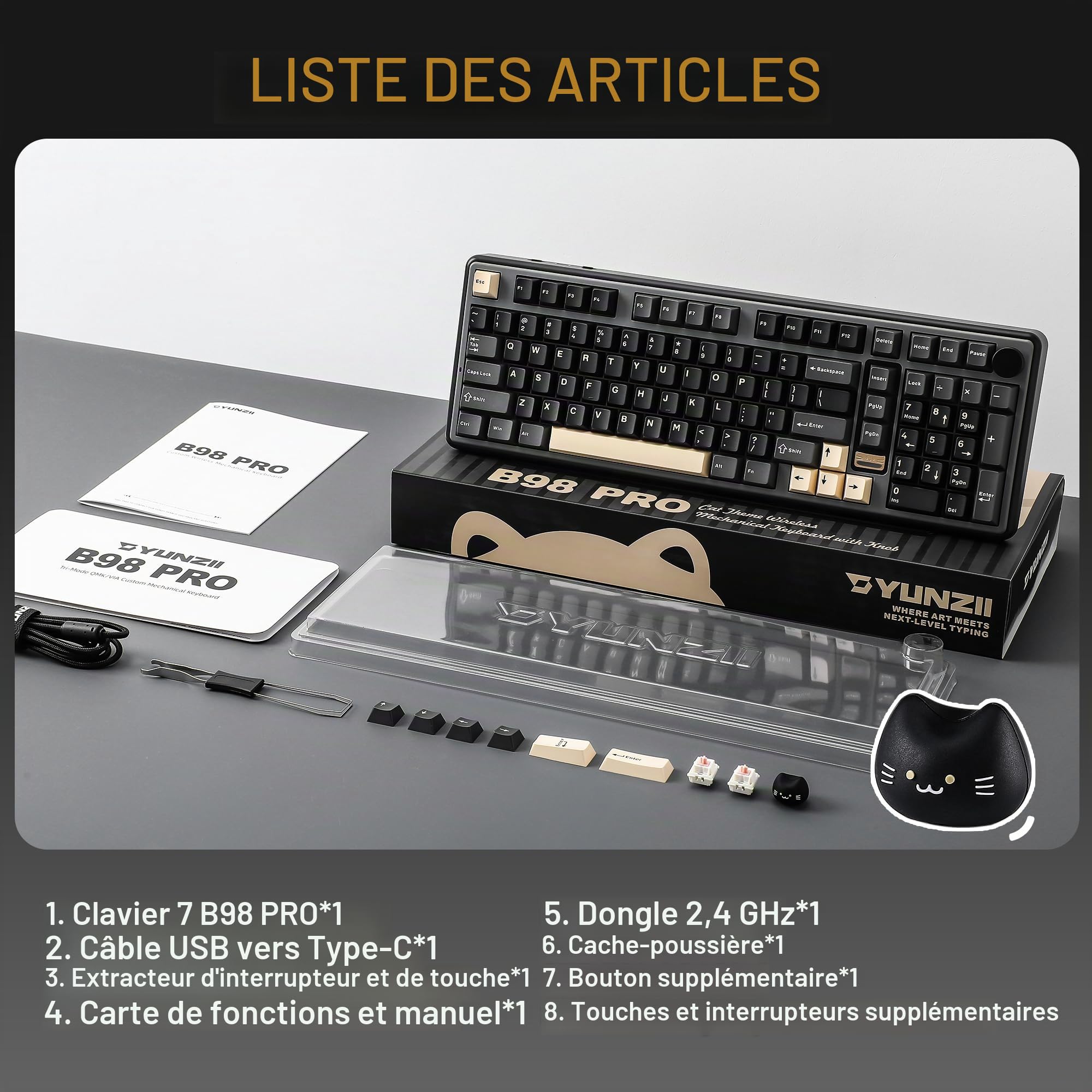 YUNZII B98 Pro Clavier Mécanique Gaming sans Fil (Noir, Candy) | 96% avec Pavé Numérique et Molette Chat, Bluetooth 5.0/2.4G/USB-C, Gasket, Hot-Swap, RGB, QWERTY, pour Win/Mac