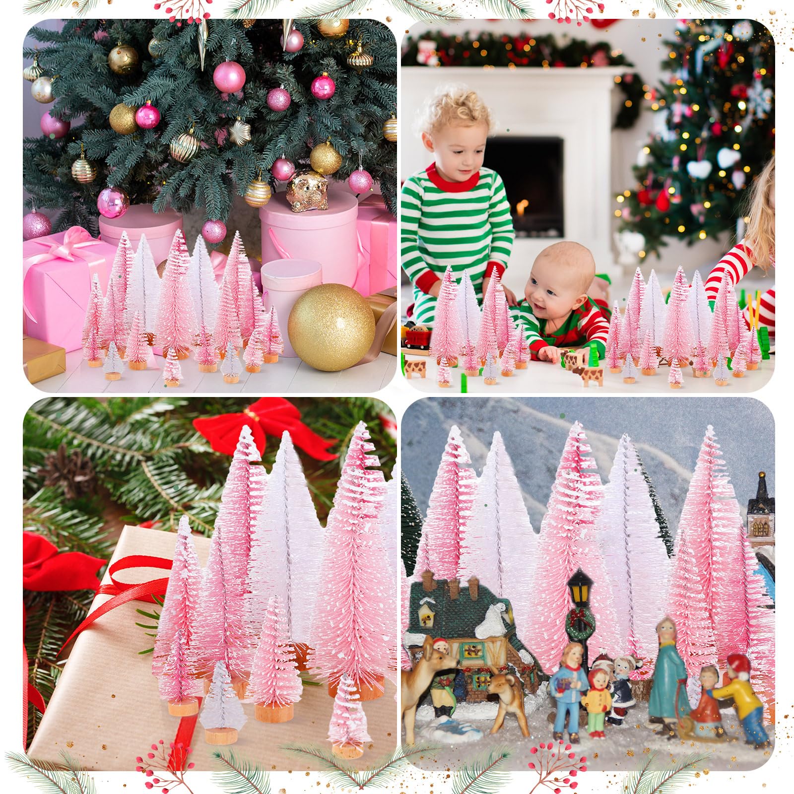 Leyndo 24 mini árbol de Navidad artificial rosa y blanco con base de madera, decoración de Navidad para mesa de Navidad, adornos de invierno, hogar, cocina, manualidades, 24 unidades