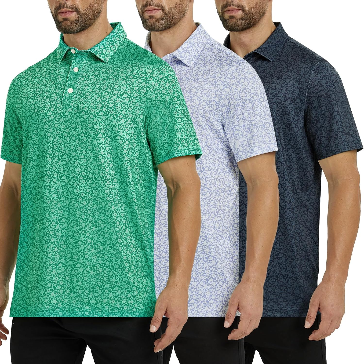 Mens Polo Shirts 3 Pack Fashion Print Mens Golf Shirt Short Sleeve Moisture Wicking Dry Fit Golf Shirts for Men