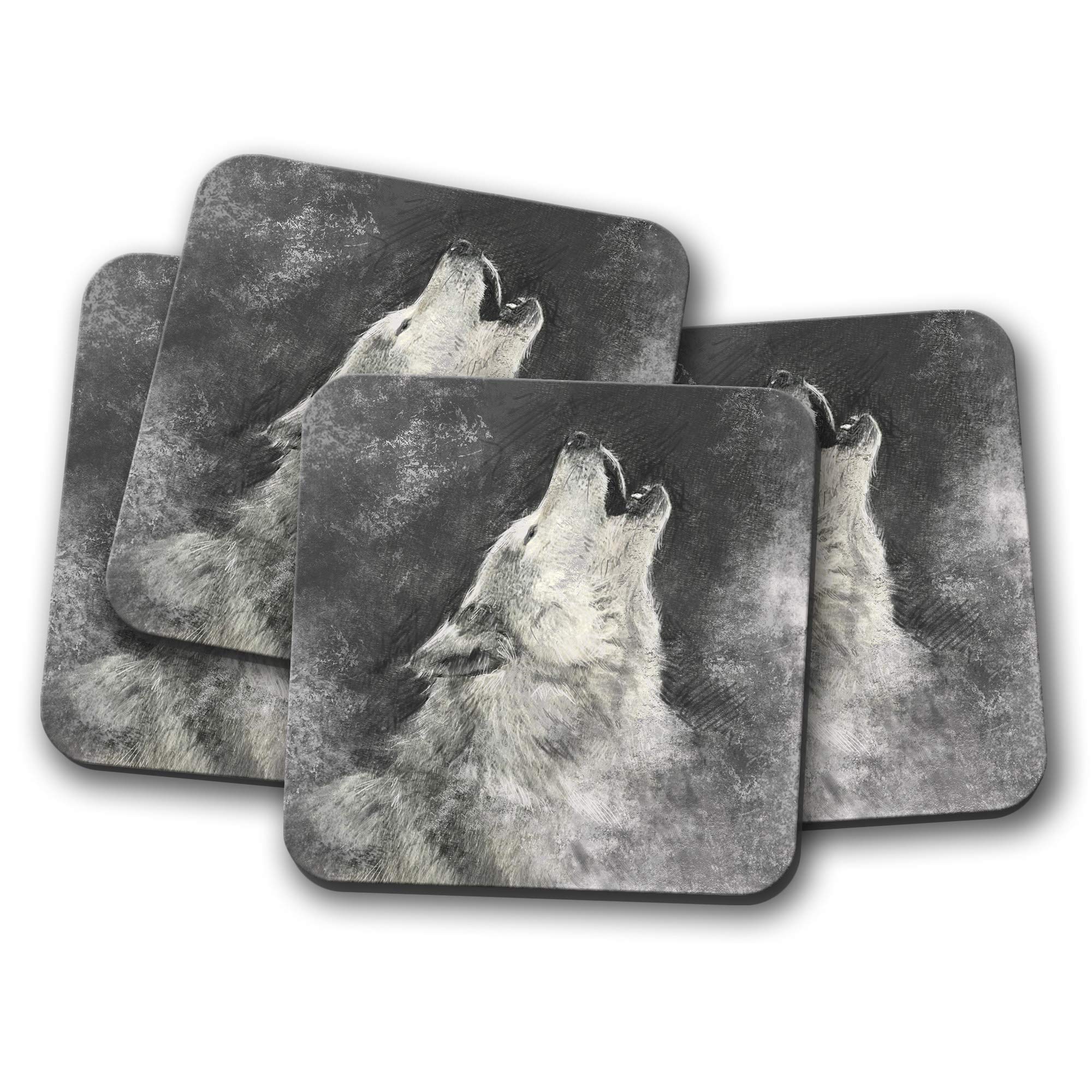 Destination Vinyl Ltd Multicolor 4 Set - Howling Wolf Coaster - Wolves Dog White Grey Husky Fun #15284