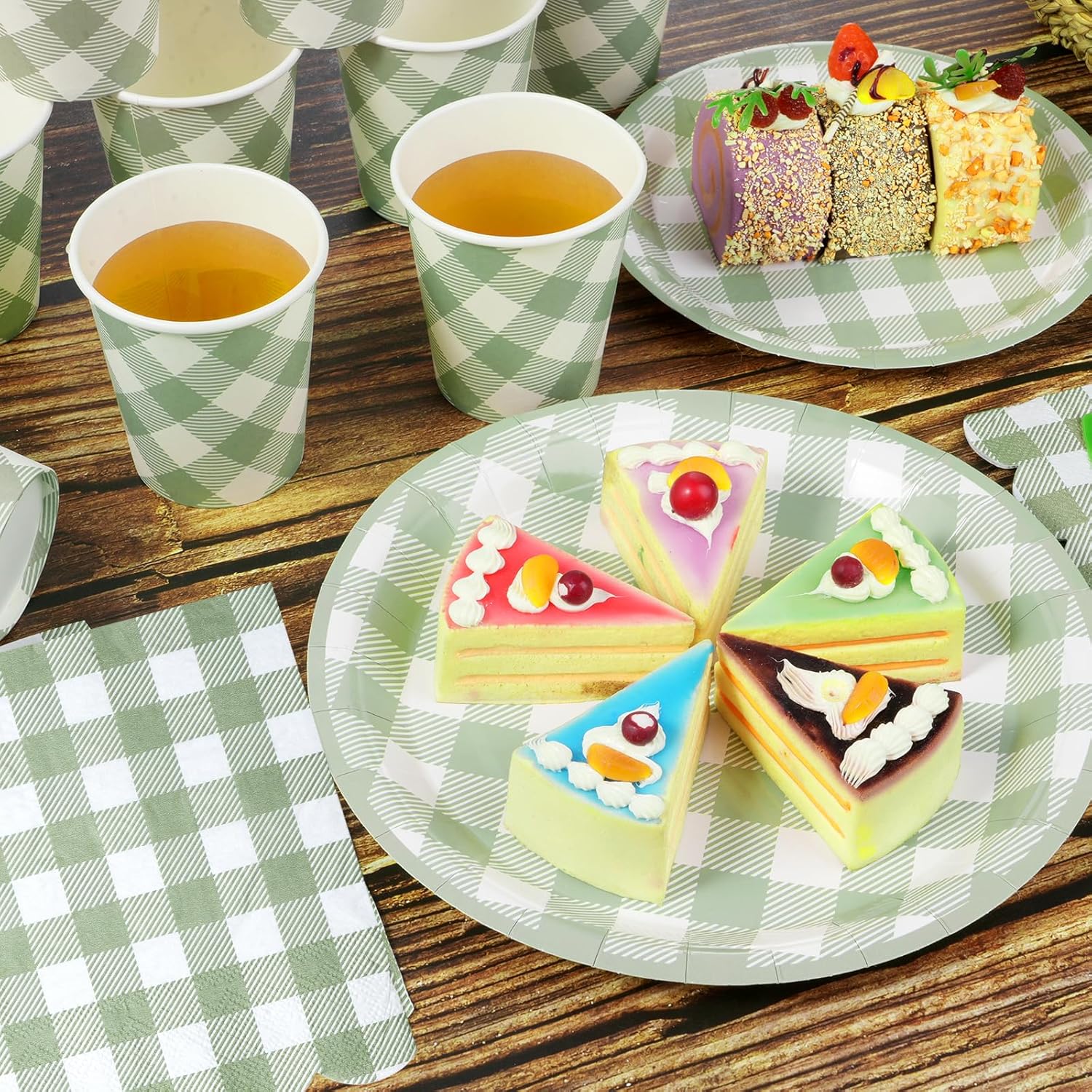 350 Pcs Sage Green Gingham Plates and Napkins Set, Sage Gingham Party Supplies with Paper Plates Napkins Cups Plastic Spoons Forks Knives for Wedding Picnic Baby Shower Decorations