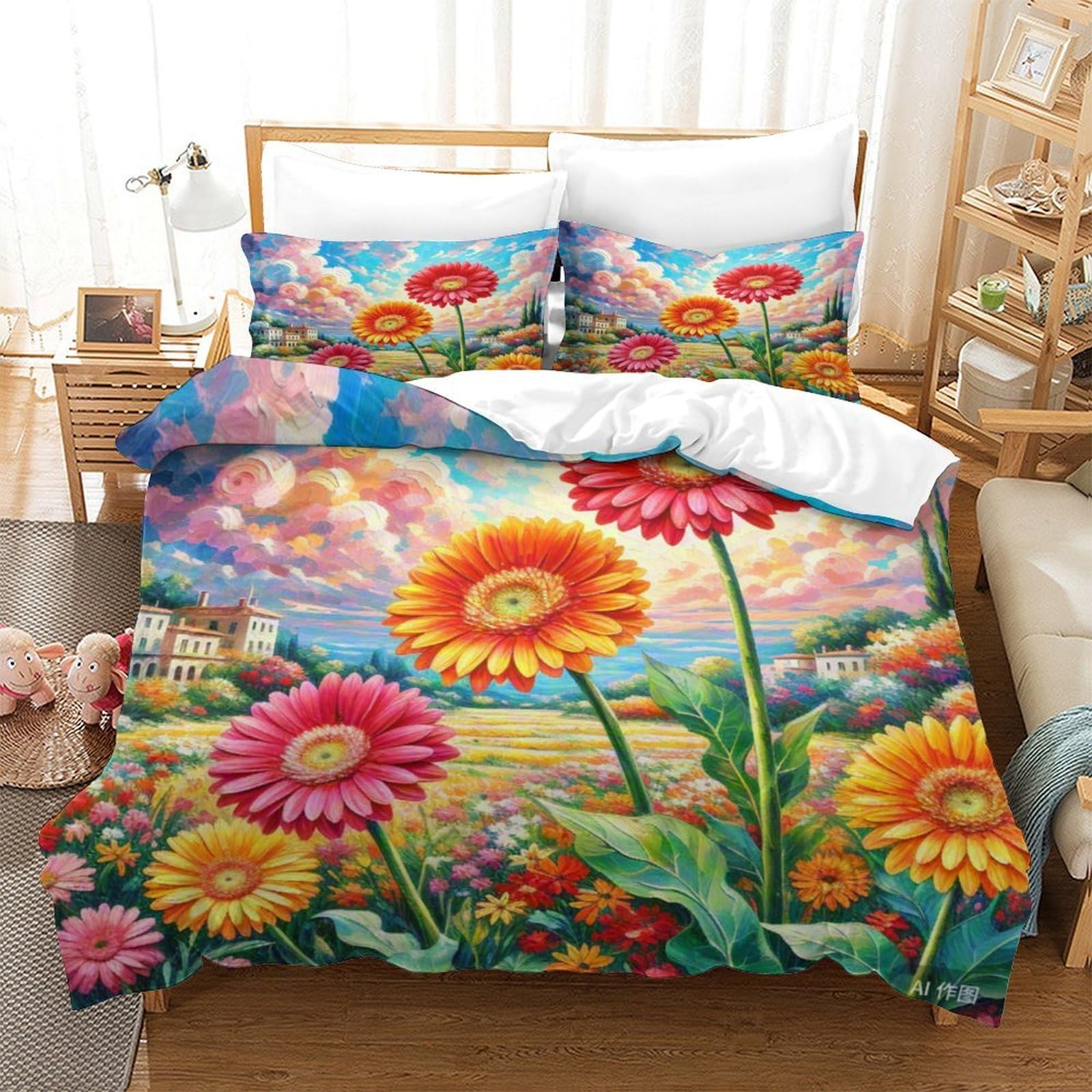 Housse couette 260x220cm fermeture éclair cachée pour grand lit enfant