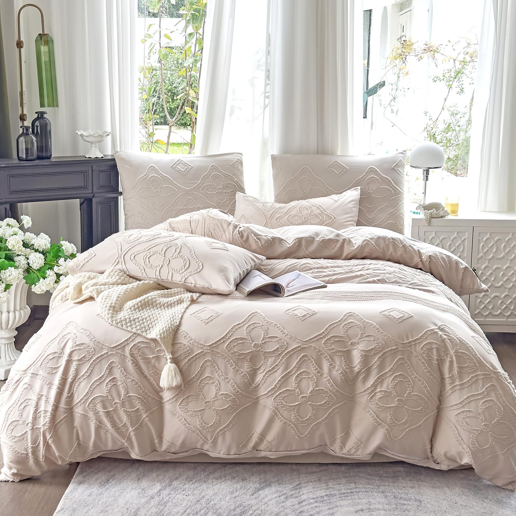 Parure de lit style bohème beige 200 x 200 cm aux finitions soignées