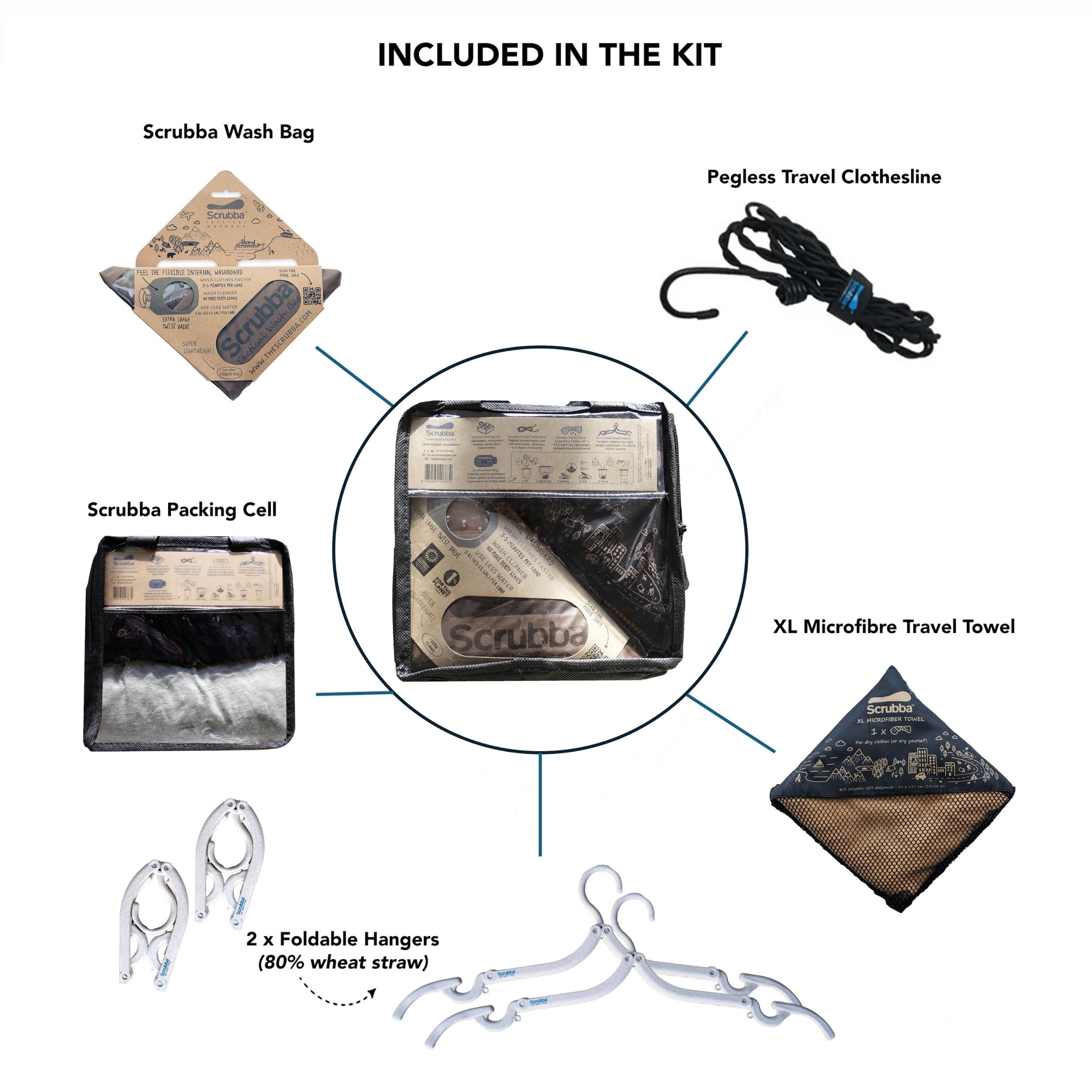 Scrubba TACTICAL Kit de Lavage & Séchage – Machine à laver portable robuste avec serviette XL, corde à linge & cintres – Léger & essentiel pour camping, randonnées, voyages