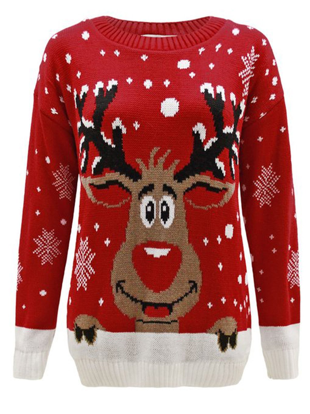 GirlzWalk Women Reindeer Snow Flakes Star Xmas Knitted Jumper Red