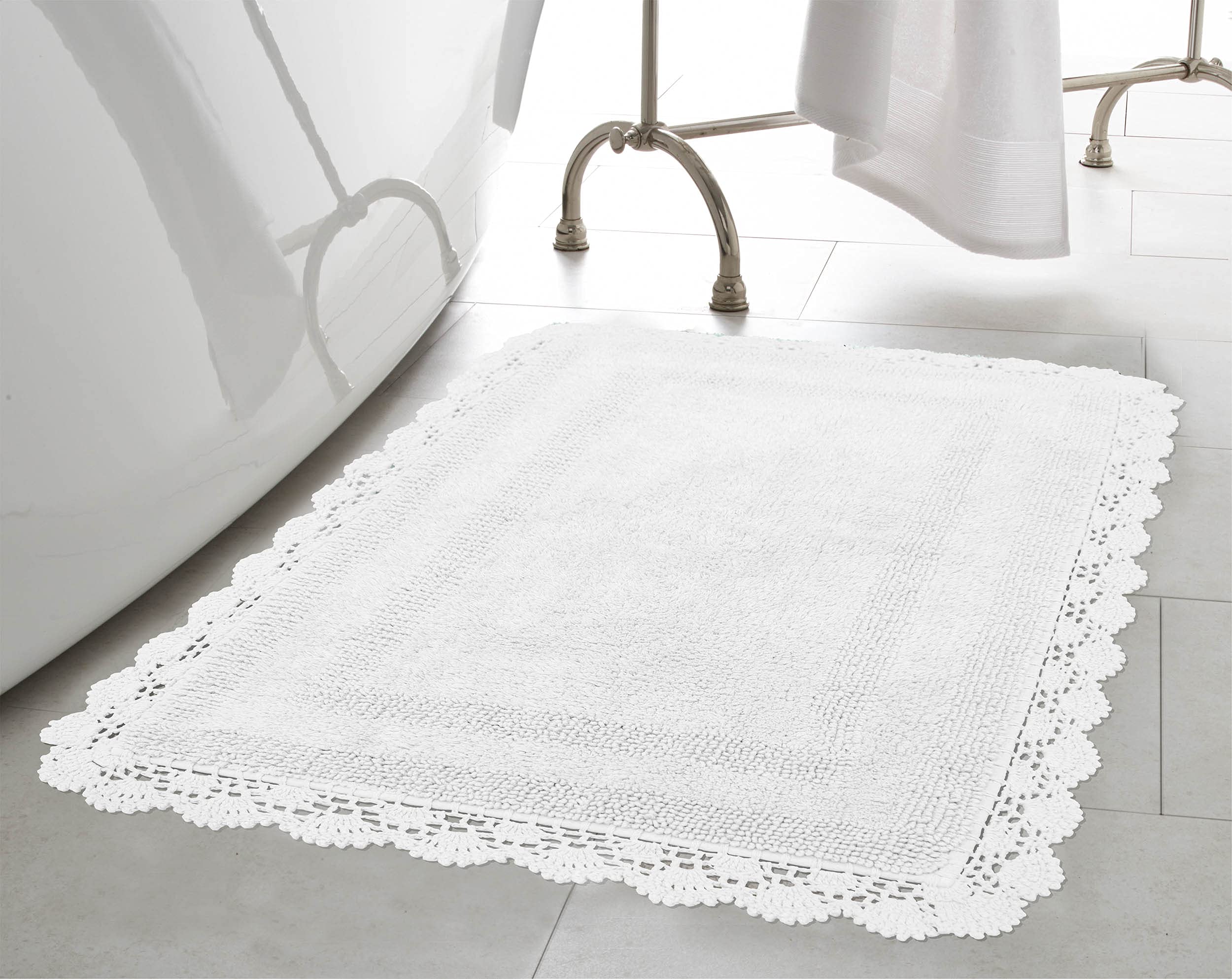 Laura Ashley Crochet Cotton 21x34 in. Bath Rug, Creamy White, 53 x 86 cm (Runner)