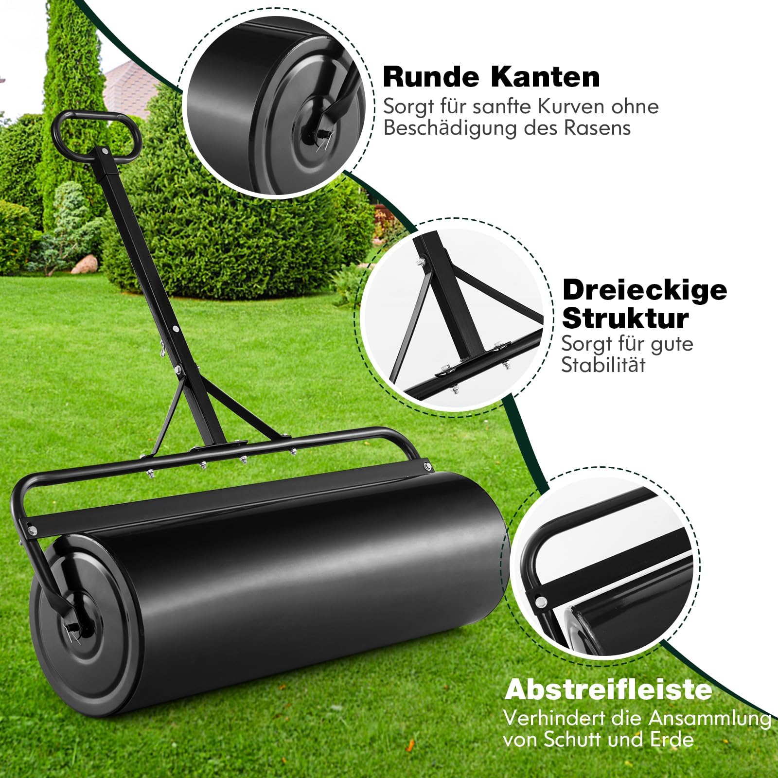 FANTASK Walec do trawnika metalowy, 113 l, wałek ręczny z uchwytem, wałek ogrodowy Ø 40 cm, napełniany wodą/piaskiem, bęben do dużych obciążeń, wałek do trawy (czarny)