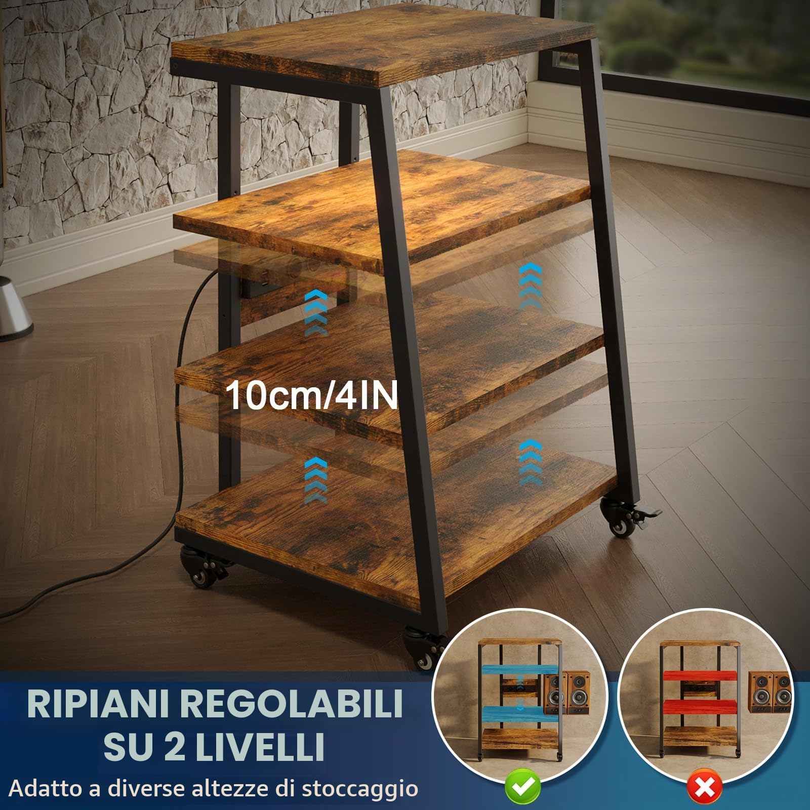 Mobile HiFi 4-level | Con prese multiple e ripiano regolabile | 4 ruote girevoli e 2 luci LED (app controllo) | 60x51x85cm Mobile Giradischi in legno e acciaio per impianto audio, impianto stereo