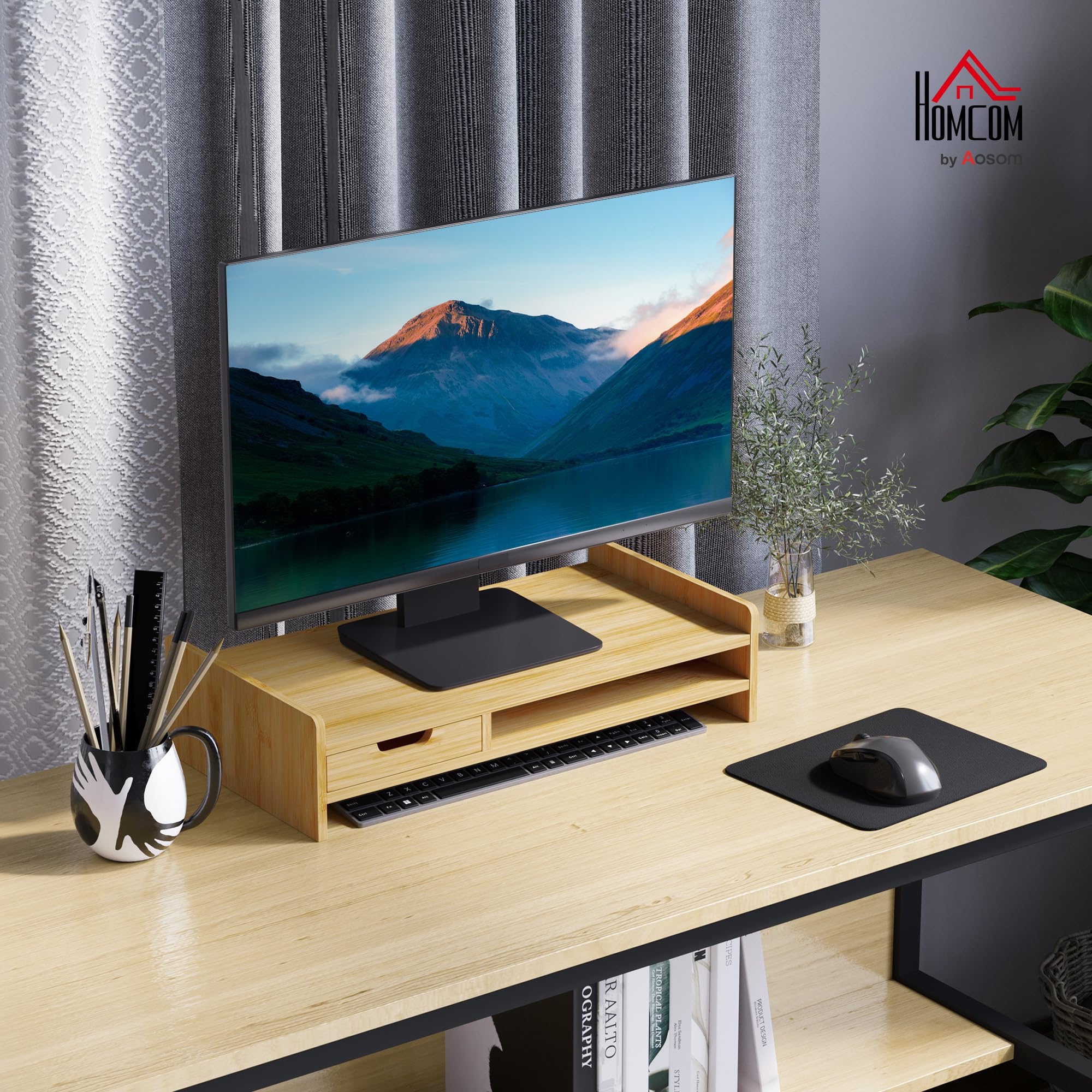 HOMCOM Rehausseur Écran PC Bureau avec Tiroir 49x25,5x11,5 cm Bois Naturel | Rehausseur Ecran, Support Moniteur, Ordinateur Portable, TV, Niche en Bambou