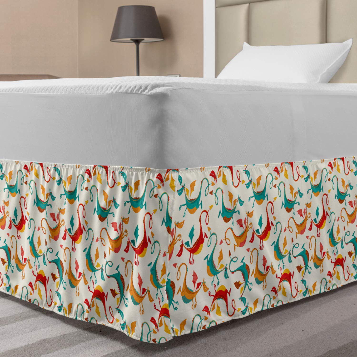 Lunarable Dragon Elastic Bed Skirt Multicolor Flying Smiling Dragons Illustration Cartoon Style Funny Looking Dinos Wrap Around Fabric