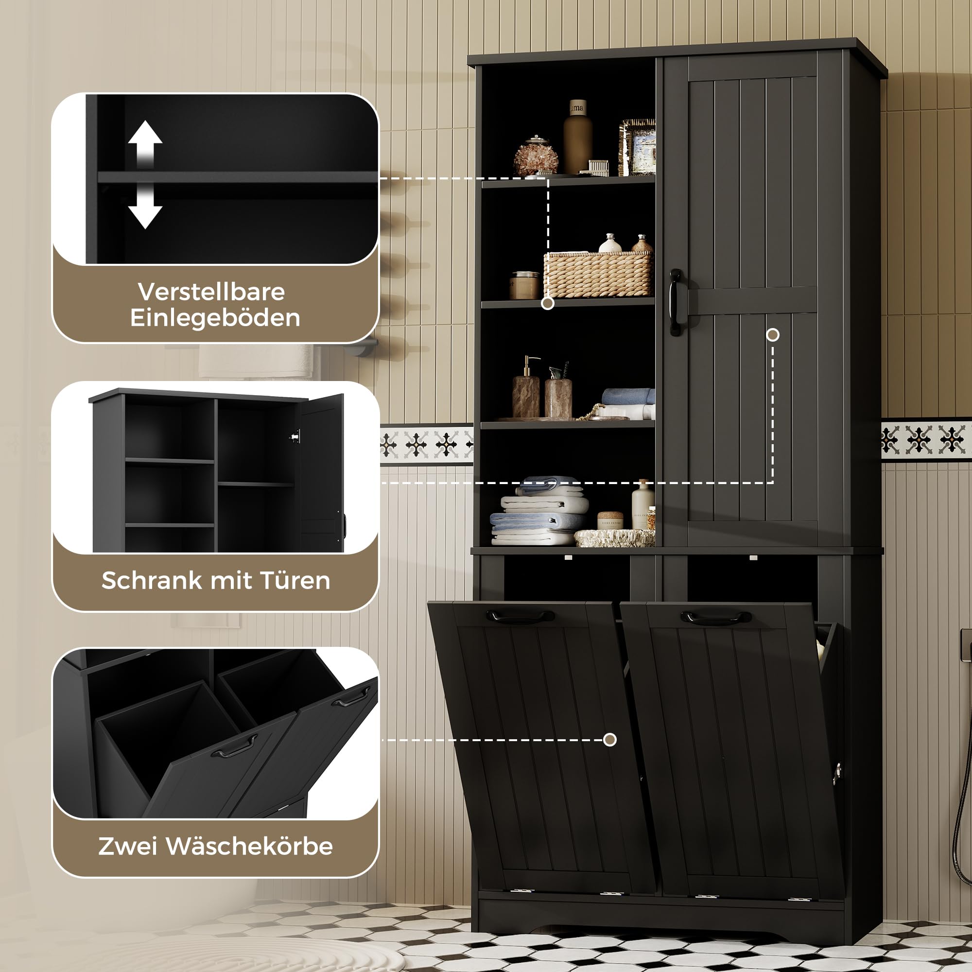 Doppio cesto portabiancheria aperto con ripiani adiubili neri da bagno Sto Unit nizing Solut per la casa Design salvaspazio