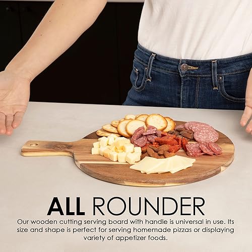 Miniatura 5 de Tabla de cortar de acacia prémium con asa, tabla de cortar de madera para cocina (12 x 16 pulgadas), tablas de cortar redondas de acacia para carne,
