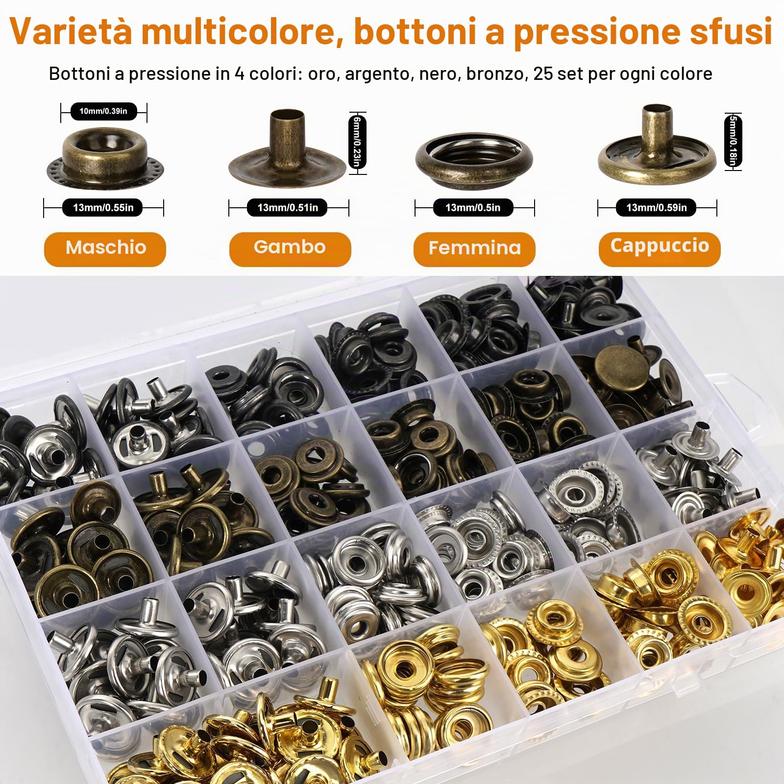 Pinza Per Bottoni Automatici A Pressione, con 3 Stampi Magnetici e 100 Set Di Bottoni a Pressione Metallo Da 15 mm, per Fai da Te Riparazione Di Coperture Di Barche, Tela, Cucito, Teloni, Jeans