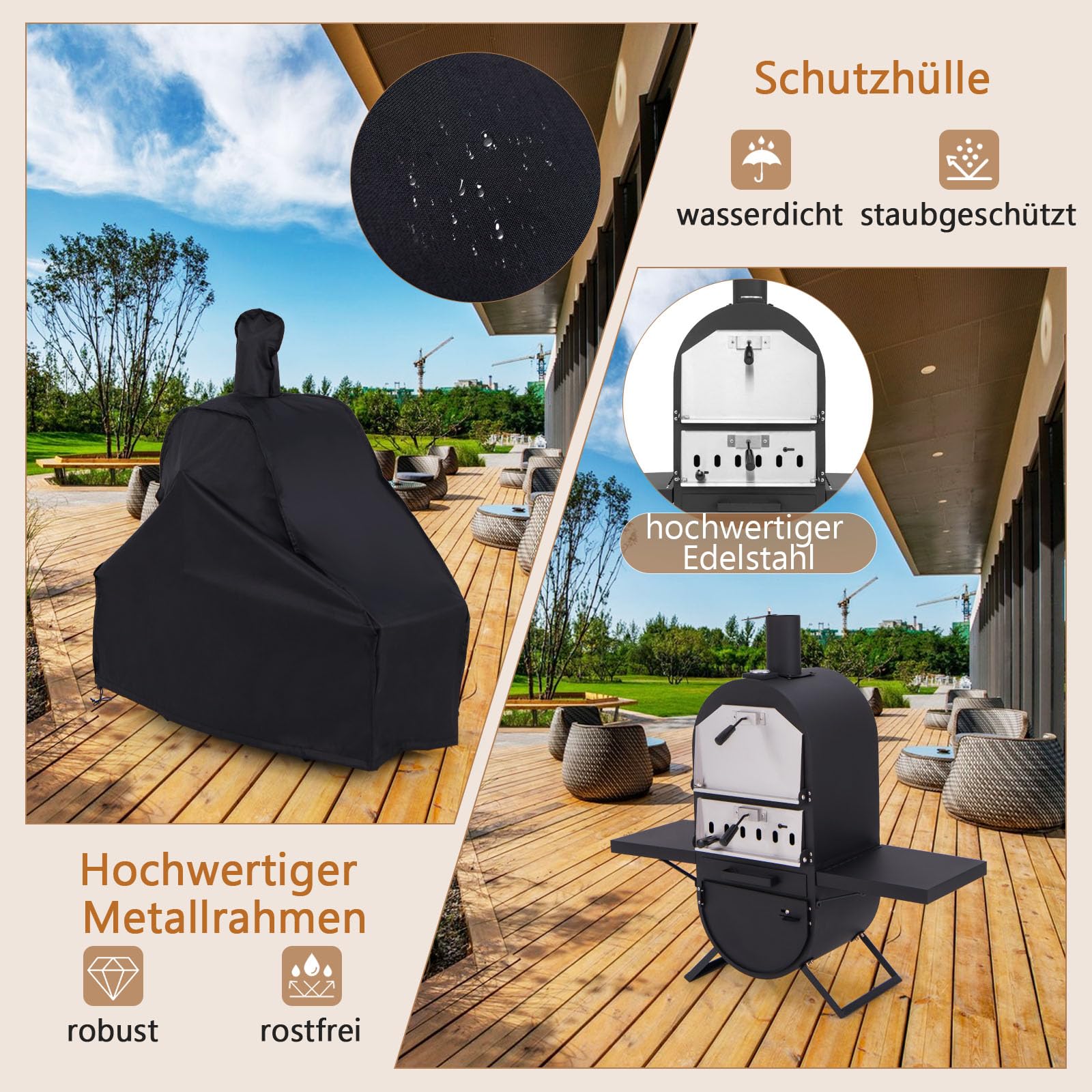 GOPLUS Piec do pizzy, outdoorowy piec do pizzy z kamieniem do pizzy 31 cm, łopatka do pizzy, ruszt do grillowania, termometr i pokrowiec ochronny, wolnostojący piec do pizzy z 2 bocznymi stołami, na