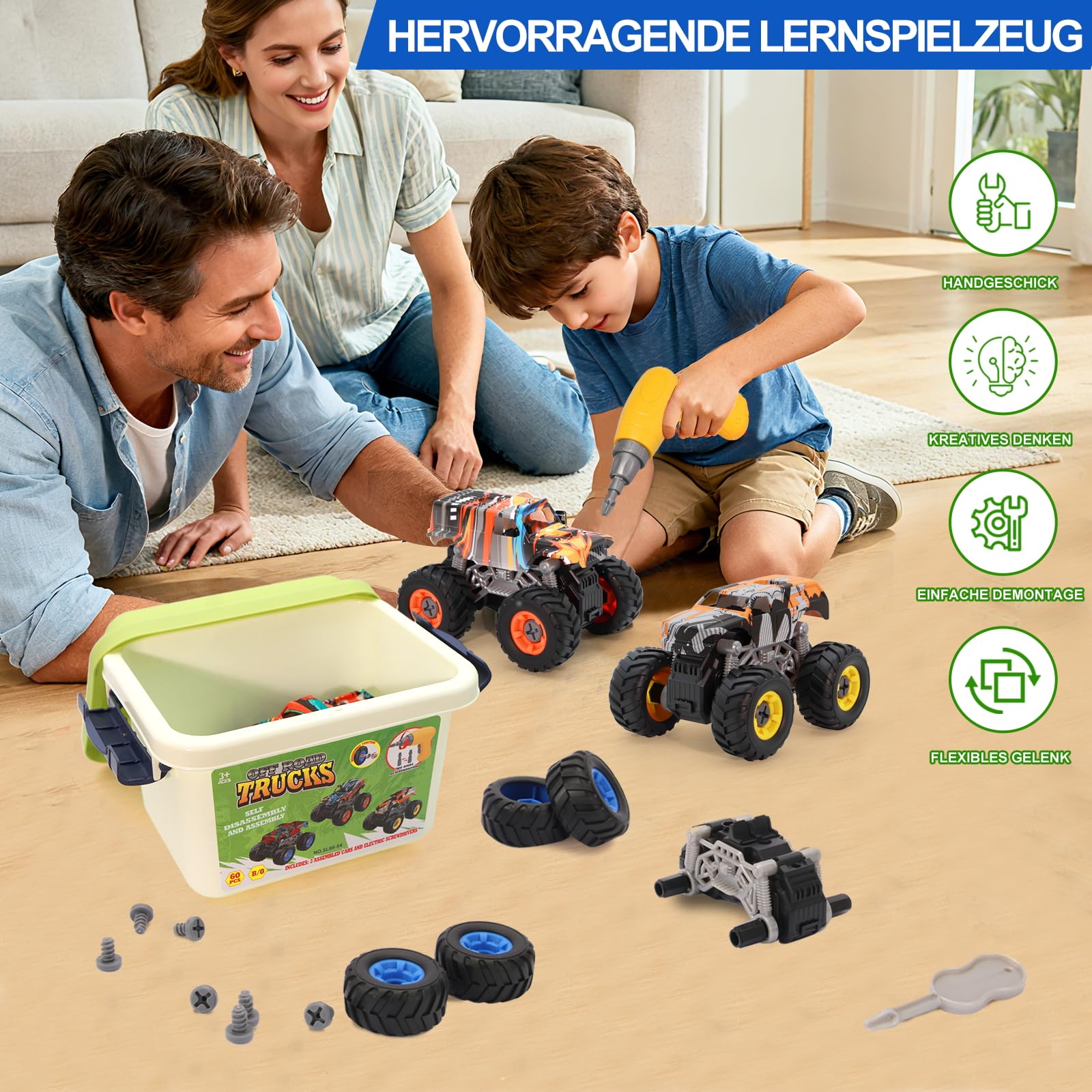 Bugrtey Zerlegbare Monster-LKW-Spielzeug mit Elektrohandbohrer & Aufbewahrungsbox, ab 3-8 Jahre – STEM-Bildungsspielzeug, Geburtstags Kinder/Jungen/Mädchen
