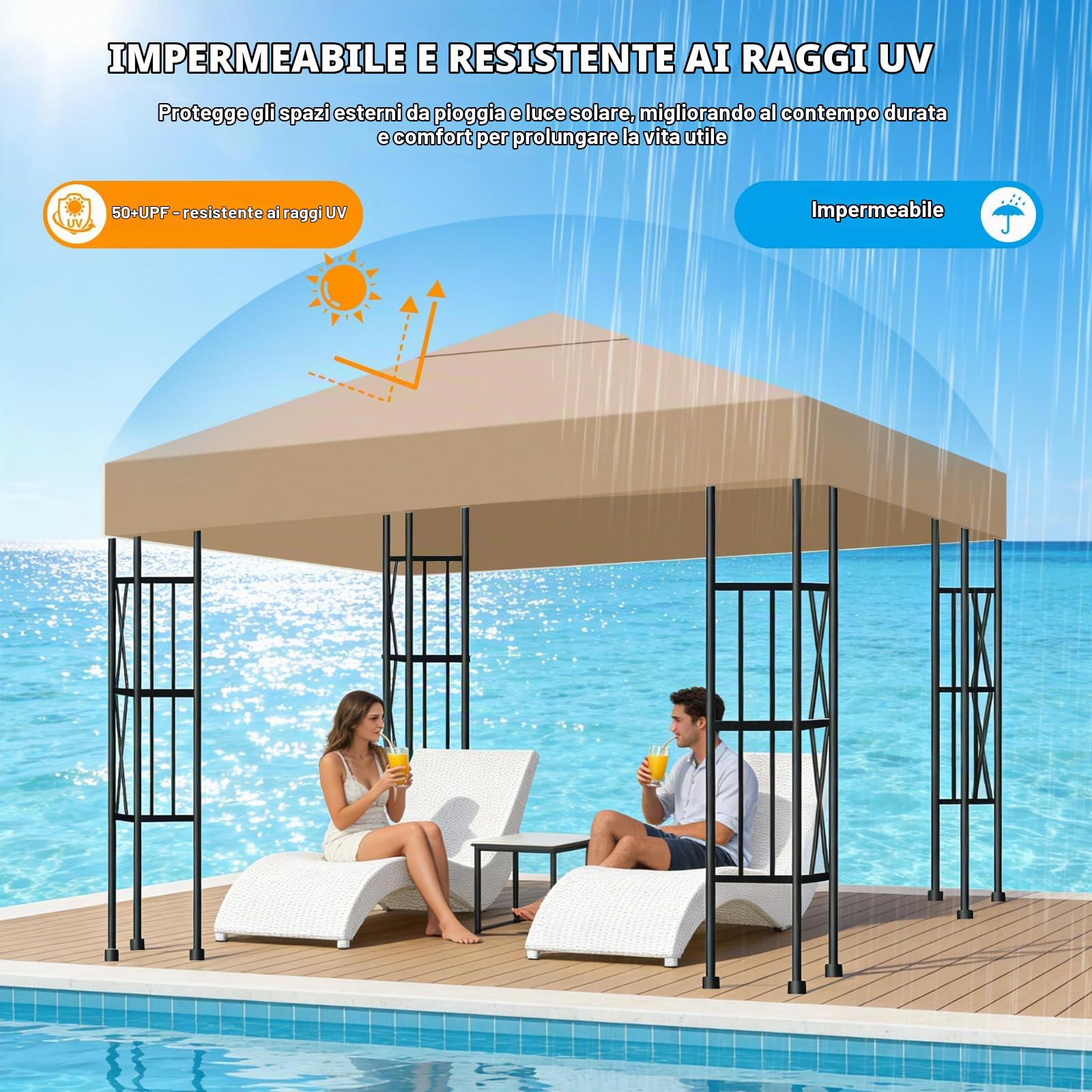 Telo di Ricambio per Gazebo 3x3m, Impermeabile e Anti-UV 300D, Copertura Rimovibile per Pergola con Fascette in Velcro Rinforzate, Ideale per Giardino, Terrazza, Campeggio e Spiaggia,Cachi