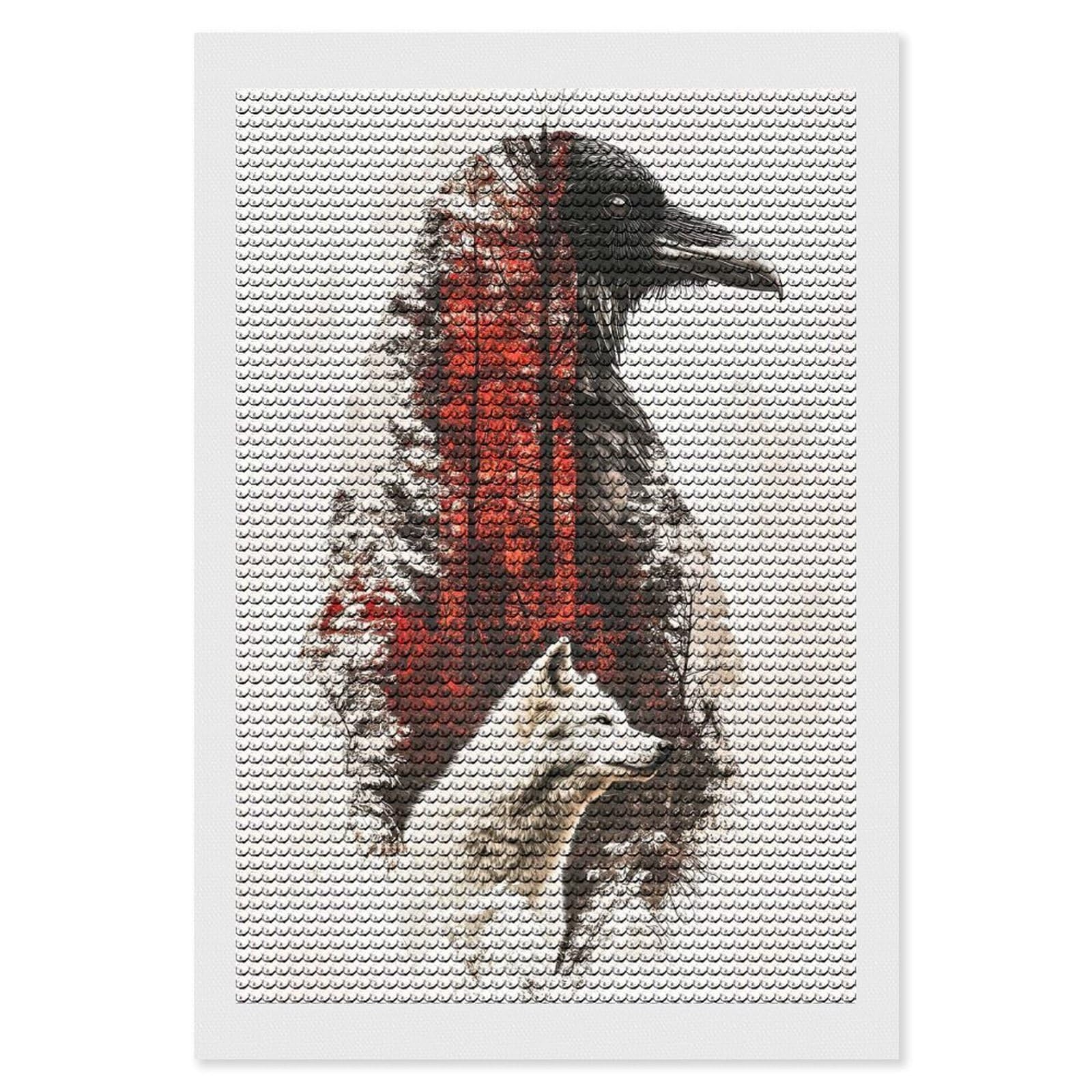 Junmoney Wolf and Raven Double Exposure DIY Diamond Art Canvas Kit 8"x12", Farmhouse Decor, Vintage Style Decor, Handmade Wall Decor, Canvas Picture