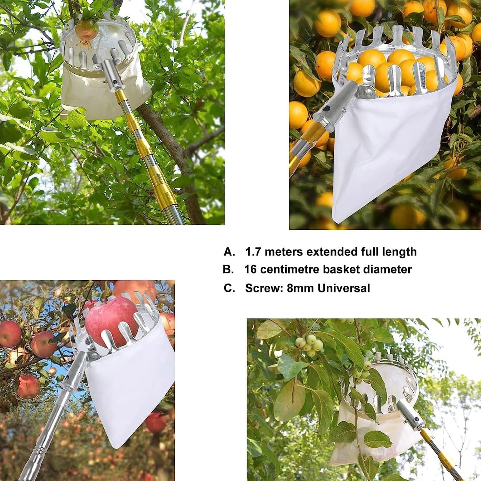 ApfelpflüCker Mit Teleskopstiel 2.1/2.5/3/ 4/5/ 6/7 M, ApfelpflüCker, ObstpflüCkausrüStung Beerenpflücker Mit Obst Aufbewahrungstasche Für Apfel Orange Zitrone,7m/23ft(4m/13ft)