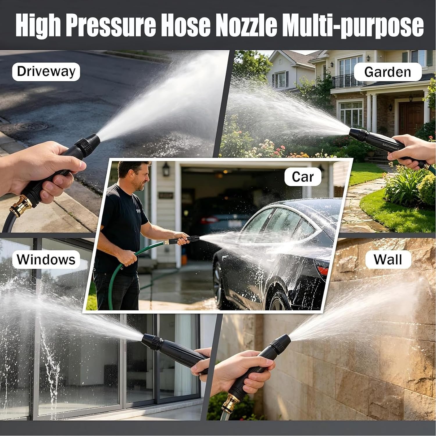 2PCS Home High Pressure Car Wash Water Gun, High Pressure Hose Nozzle with Adjustable Three Spray Modes for Car Washing, Watering Plants & Vegetables, Garden, Compatible with 1/2" Inner Diameter Hoses