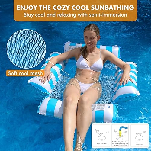 Miniatura 9 de Flotador inflable para piscina, para adultos y niños, hamaca flotante con patrón de rayas para fiesta en la piscina, diversión acuática de verano