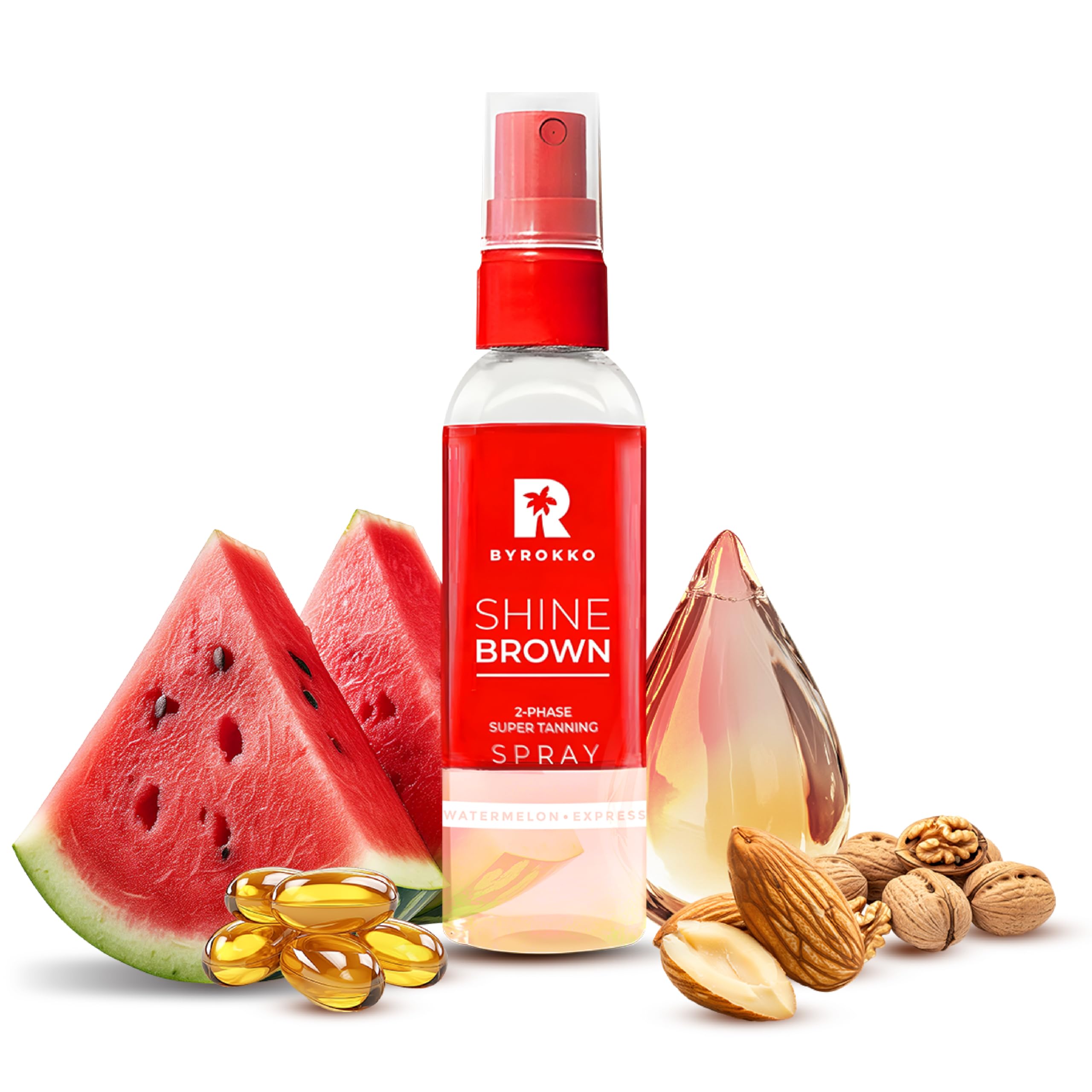 BYROKKO Shine Brown Spray Abbronzante Bifasico Anguria (100 ml), acceleratore con oli naturali e acido ialuronico, per sole e lettino, formula idratante a rapido assorbimento