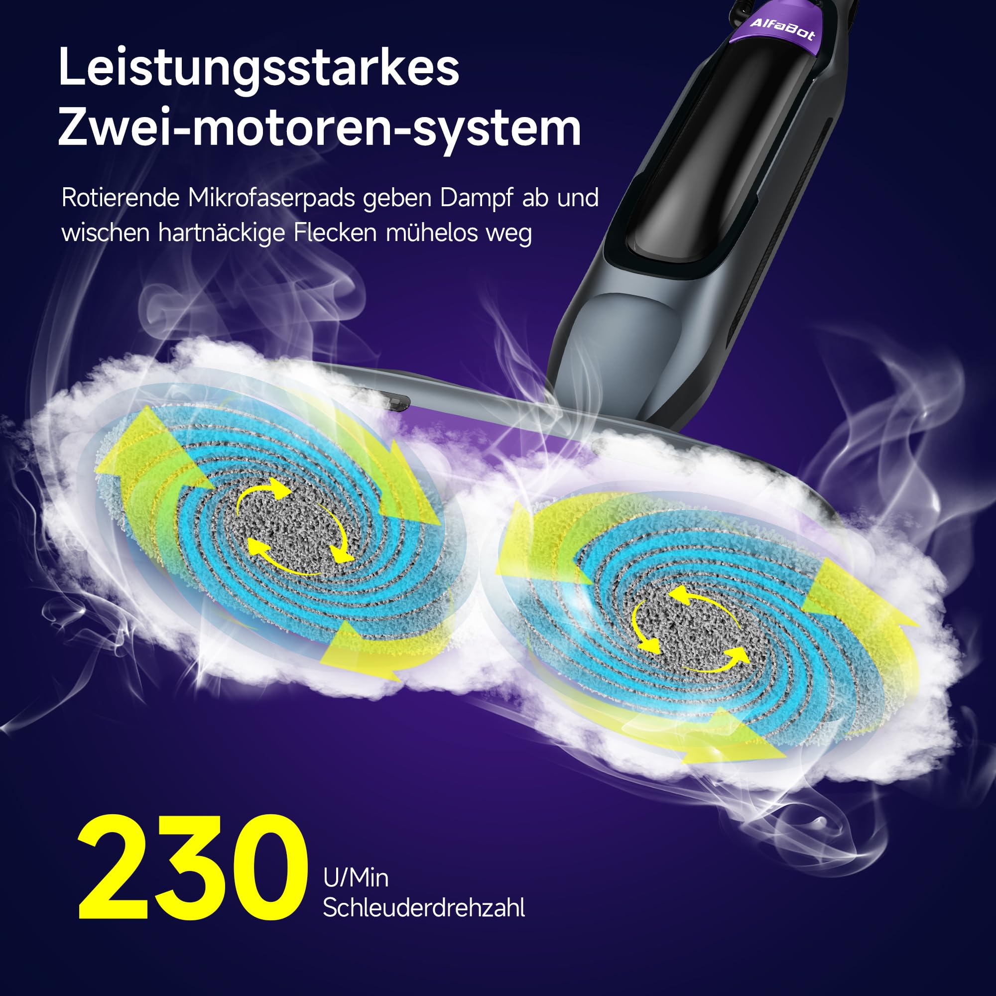 AlfaBot F2 Dampfreiniger – Dampfbesen mit 99,9%iger Desinfektion von Keimen und Bakterien, Dampf in 20s bereit, 450 ml, für alle Arten von Hartböden, ohne Verwendung von Reinigungsmitteln