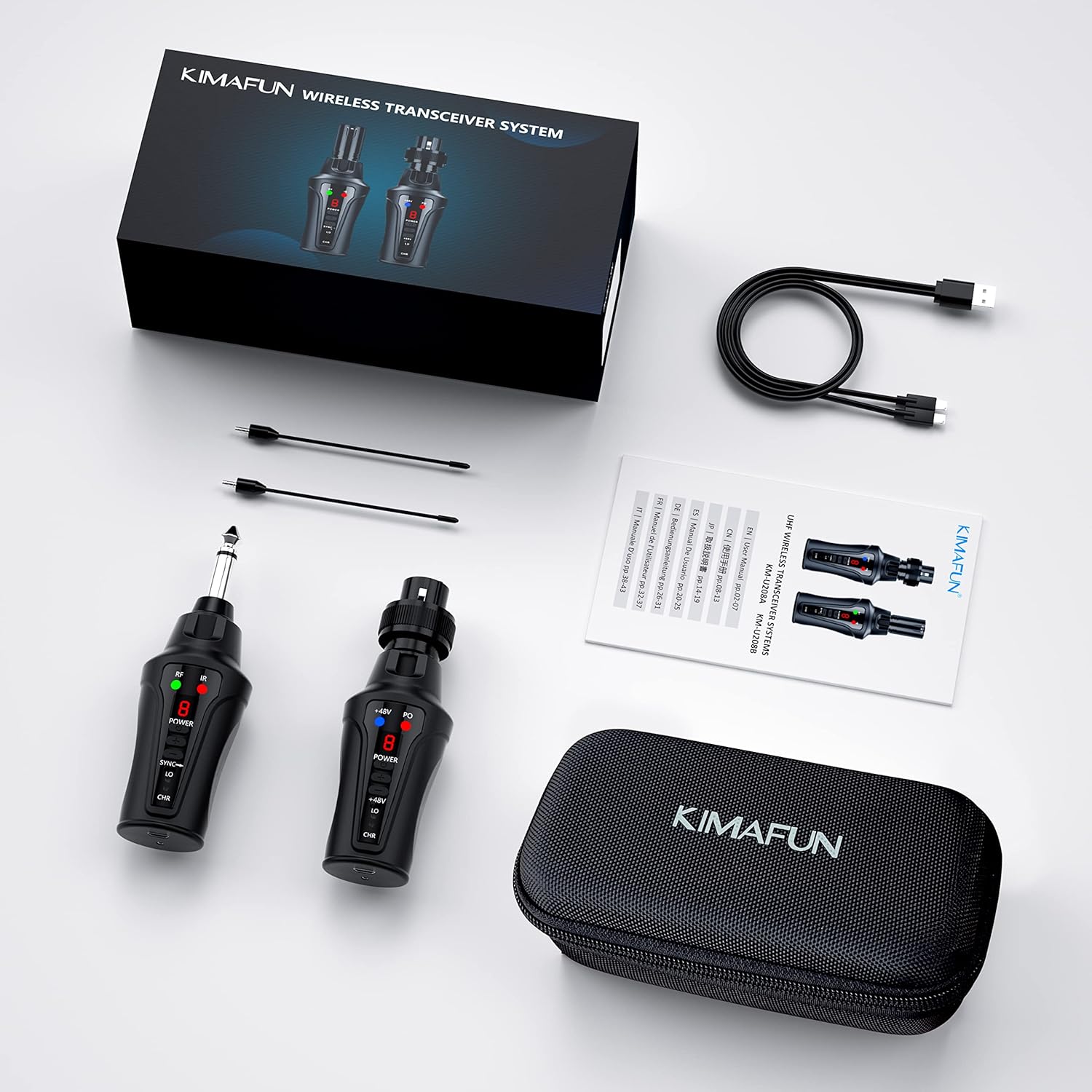 KIMAFUN UHF Wireless Microphone System XLR Mic Adapter 16 Channels Transmitter and Receiver for Dynamic Mic, 48V Phantom Power for Condenser Mic, Compatible with Audio Mixer PA Speaker(1/4'' Plug)