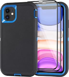 for iPhone 11 Case with 2 Screen Protector, Drop Protection Full Body Heavy Duty Rugged Military Grade Cover, Shockproof/Drop Proof Durable Phone Case iPhone 11 6.1" [Black+Blue]