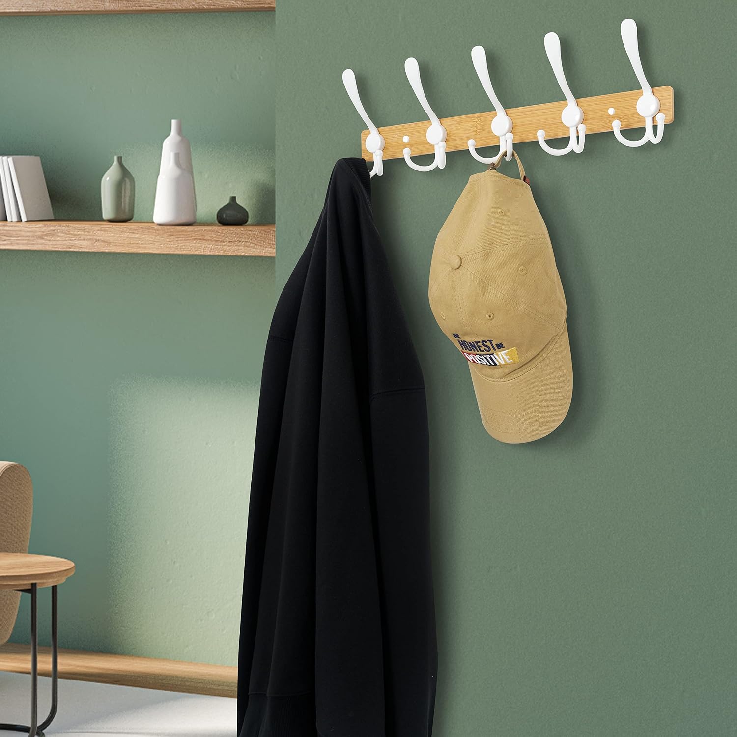 VASGOR 2pcs Bamboo Heavy Duty Wall Mount Coat Hook, Stainless Steel Wall Mounted Rack Hooks for Coats, Towels and Hats (White)