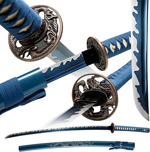 Miniatura 1 de HanBon Espada Katana Samurai azul forjada espada japonesa dragón Katana real T10 hoja de espiga completa, muy afilada, puede cortar árboles de bambú
