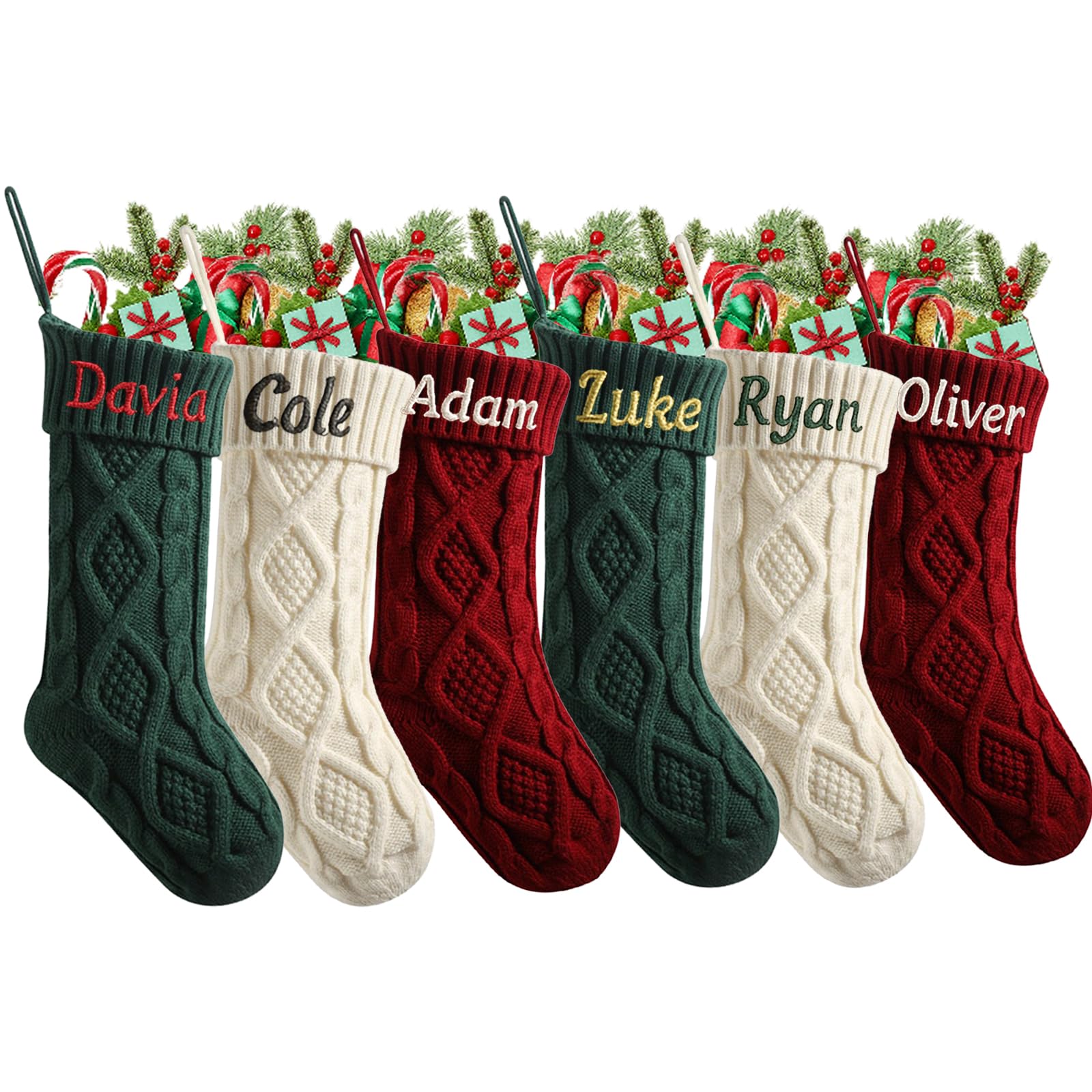 mememom Personalised Christmas Stockings with Embroidered Name,18 inch Large Knitted Christmas Stocking for Family, Custom Embroidered Xmas Stocking for Kids, Holiday Party Decoration(Style 2-5 Pack)