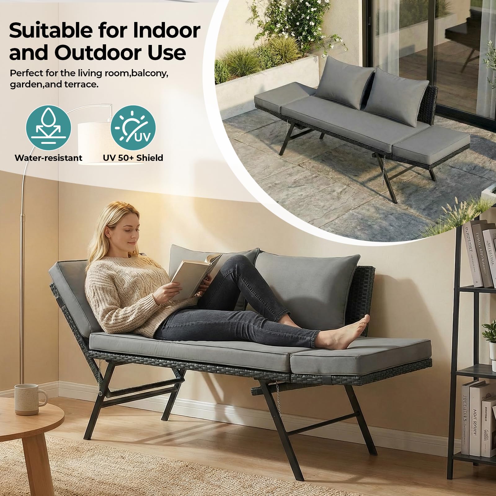 LIFERUN Gartenbank Polyrattan mit Liegefunktion, 2-Sitzer Polyrattan-Möbel, Rattan Gartensofa mit Verstellbare Armlehnen, Gartenbank Wetterfest für Garten, Balkon,Terrasse (Schwarz),2PCS Kissen