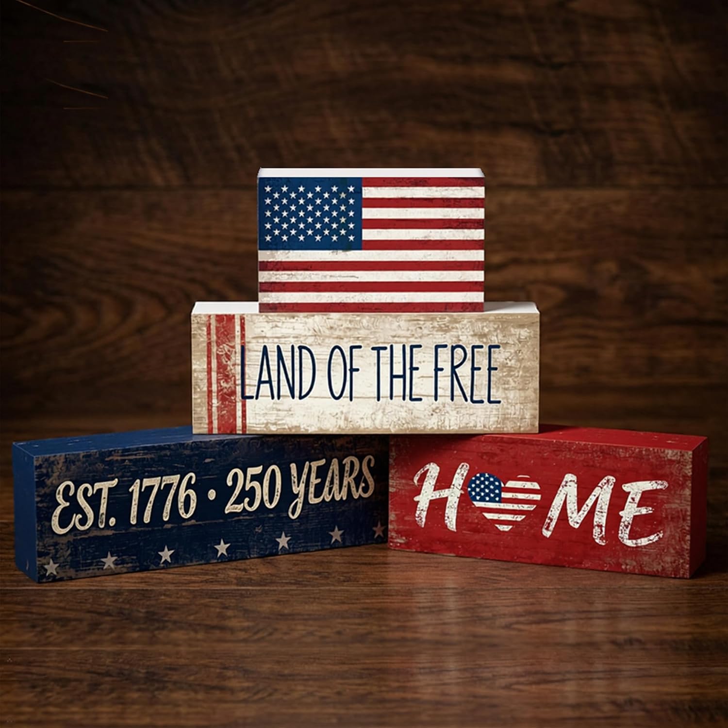 Set of 4 Patriotic Wood Blocks - 250th Anniversary 1776-2026 USA Decor - Farmhouse Tiered Tray Shelf Centerpiece for Independence Day 4th of July Memorial Day Veterans Day Home Office