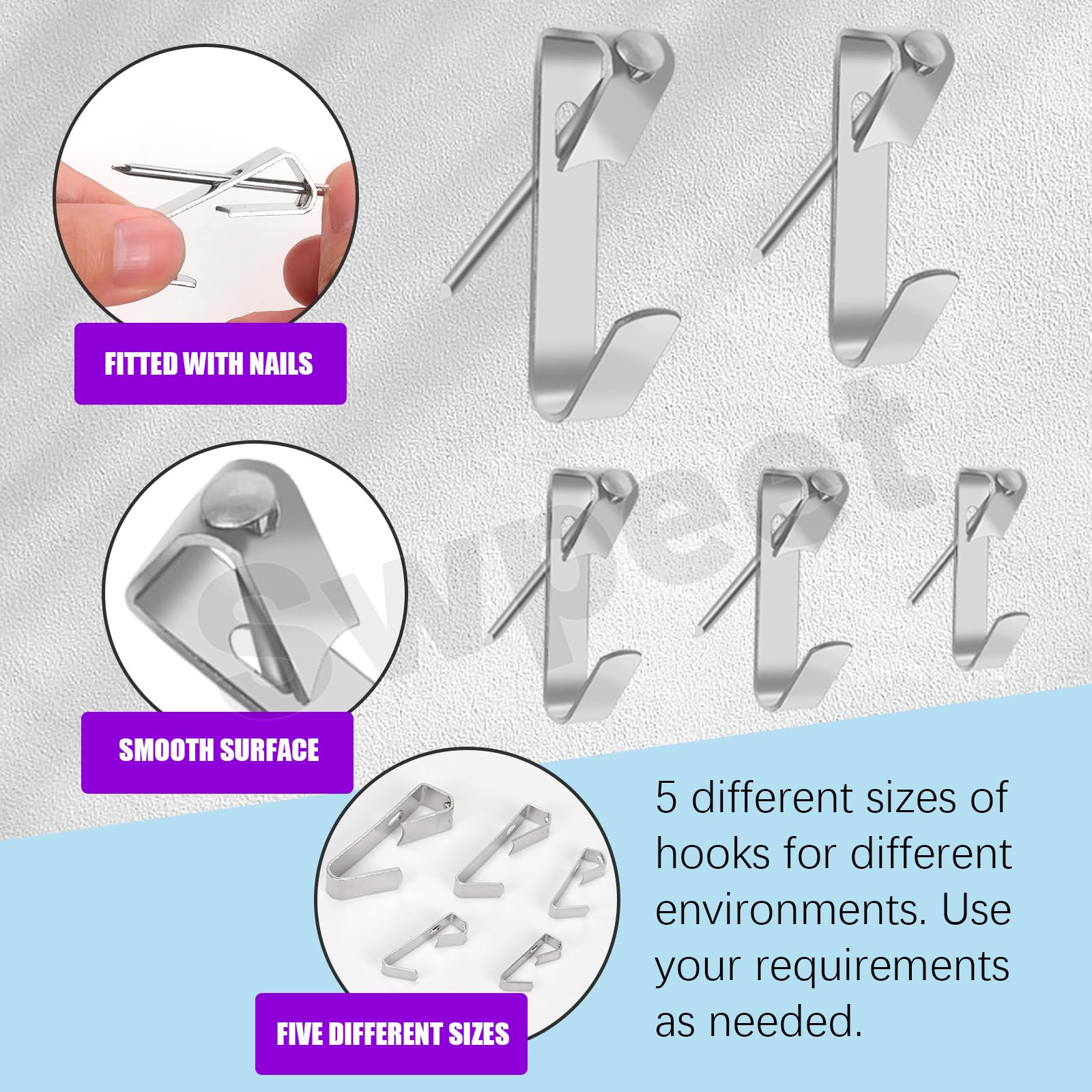 Swpeet 75Pcs 5 Sizes 10lb/20lb/30lb/50lb/100lb Silver Picture Hangers with Nails Assortment Kit, Metal Picture Hanging Hooks - Image 4