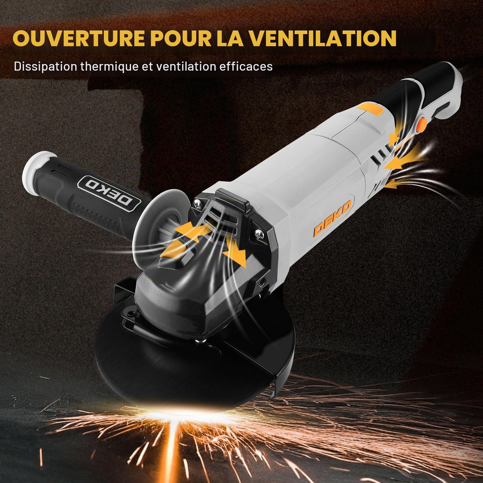 DEKOPRO Meuleuse d'Angle 900W: Ø 125mm Longues Poignées Meuleuse d'Angle Électrique avec Poignée Auxiliaire, Capot de Protection, Écrou de Serrage, Clé à Ergots, pour Meulage, Tronçonnage