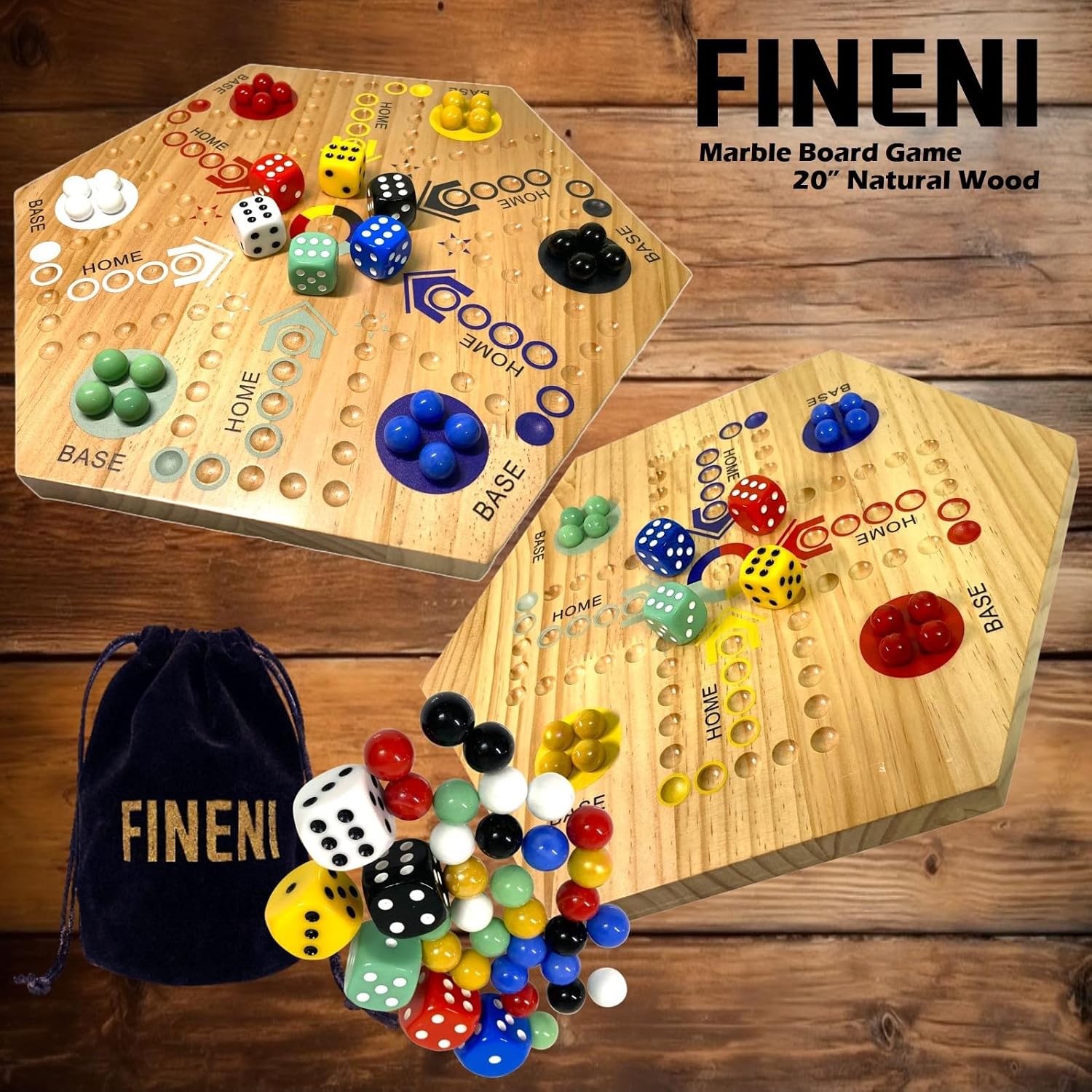 Wooden Board Games, Marble Board Game Original with Dual Sides Fast Track Games for 2 to 6 Players, Double Side Marble Boards, 6 Colors 30 Marbles and 6 Color 6 Dice, Pouch (20" Log)