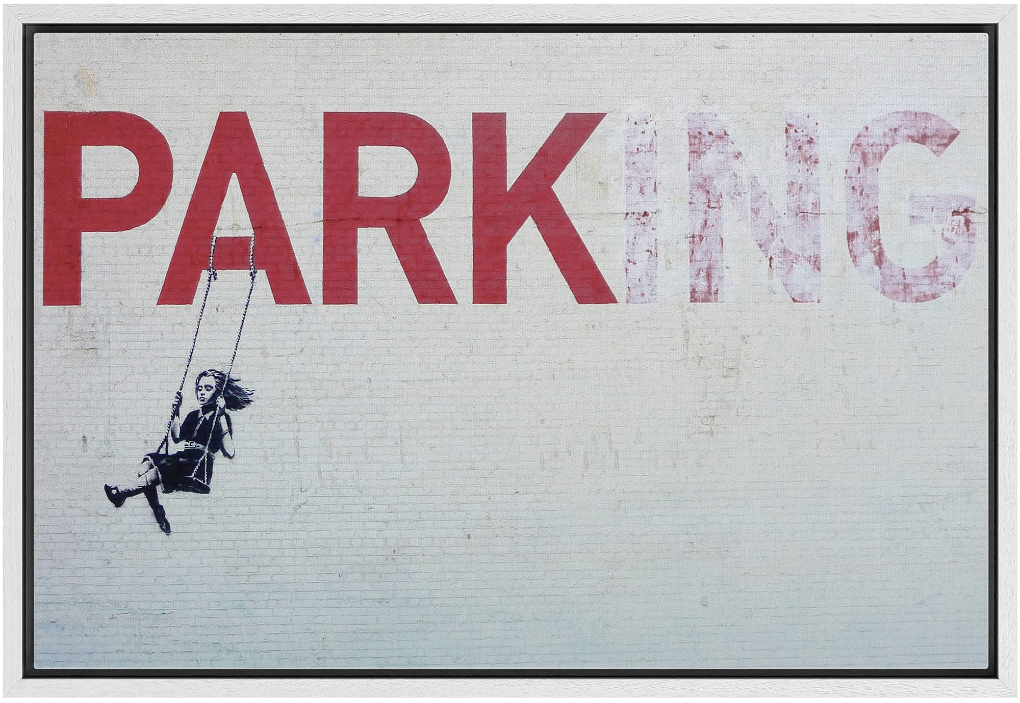 Framed Canvas Print Wall Art Banksy Girl in Swing on Parking Sign Graffiti & Street Art People Illustrations Modern Art Bohemian Scenic Dramatic for Living Room, Bedroom, Office - 16"x24" White