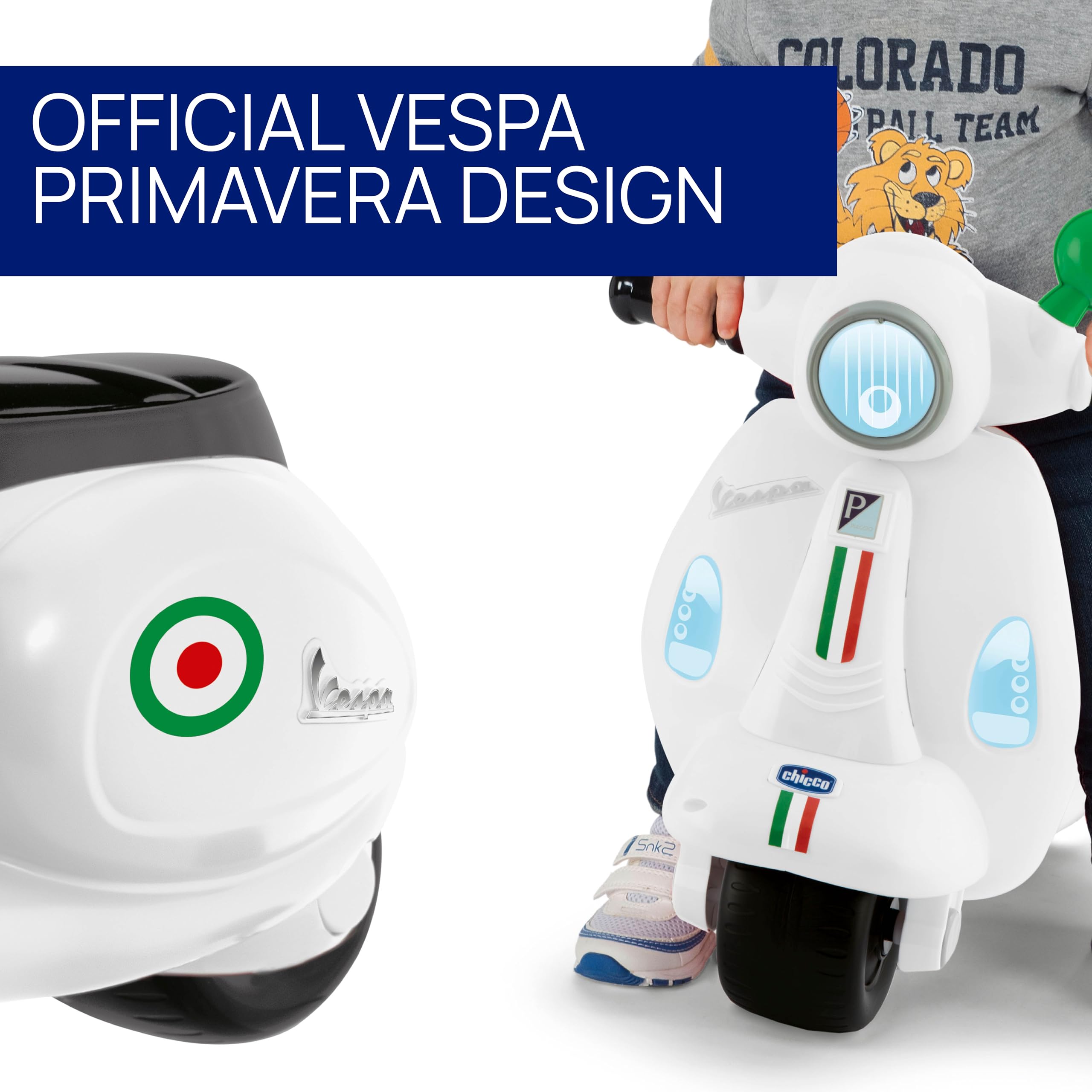 Chicco Vespa per Bambini Primavera Bianca, Moto Giocattolo Cavalcabile con Pannello Elettronico, Luci e Suoni, Ruote di Supporto Rimuovibili, Max 25 Kg, Giochi per Bambini 1-3 Anni
