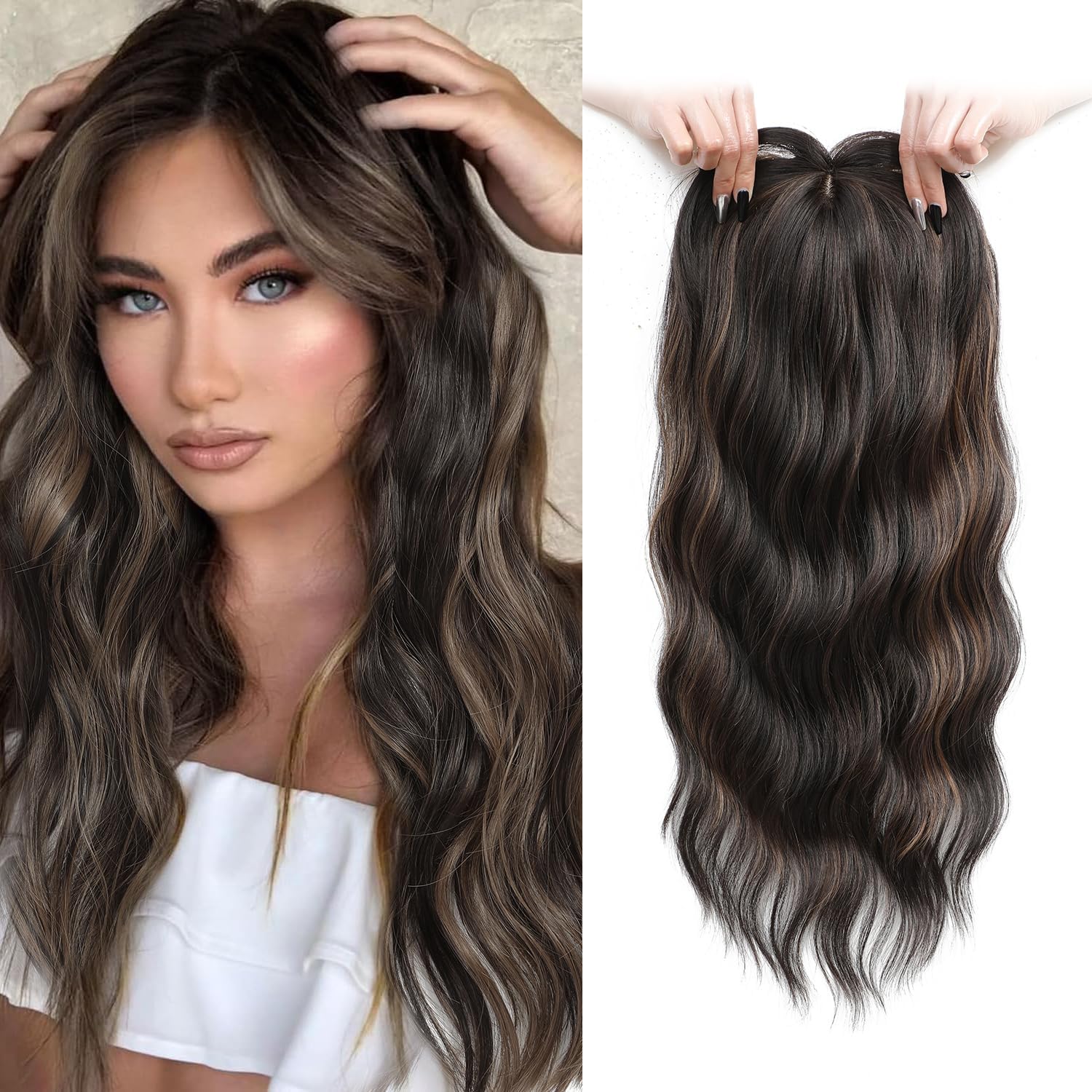 Fine Plus 20inch Wavy Synthetic Hair Topper for Women with Thinning Hair Ombre Highlight, Clip In Fringe Toppers, Add Hair Volume