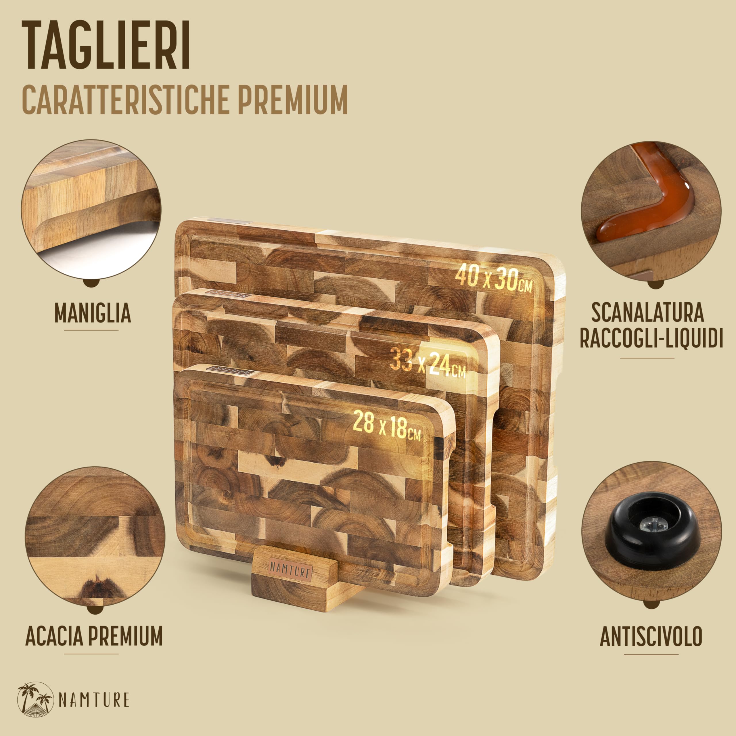 Set di 3 Taglieri da Cucina in Legno di Acacia – 2,5 cm, finitura ad olio premium, canalina raccogli succhi, piedini antiscivolo & supporto – confezione regalo