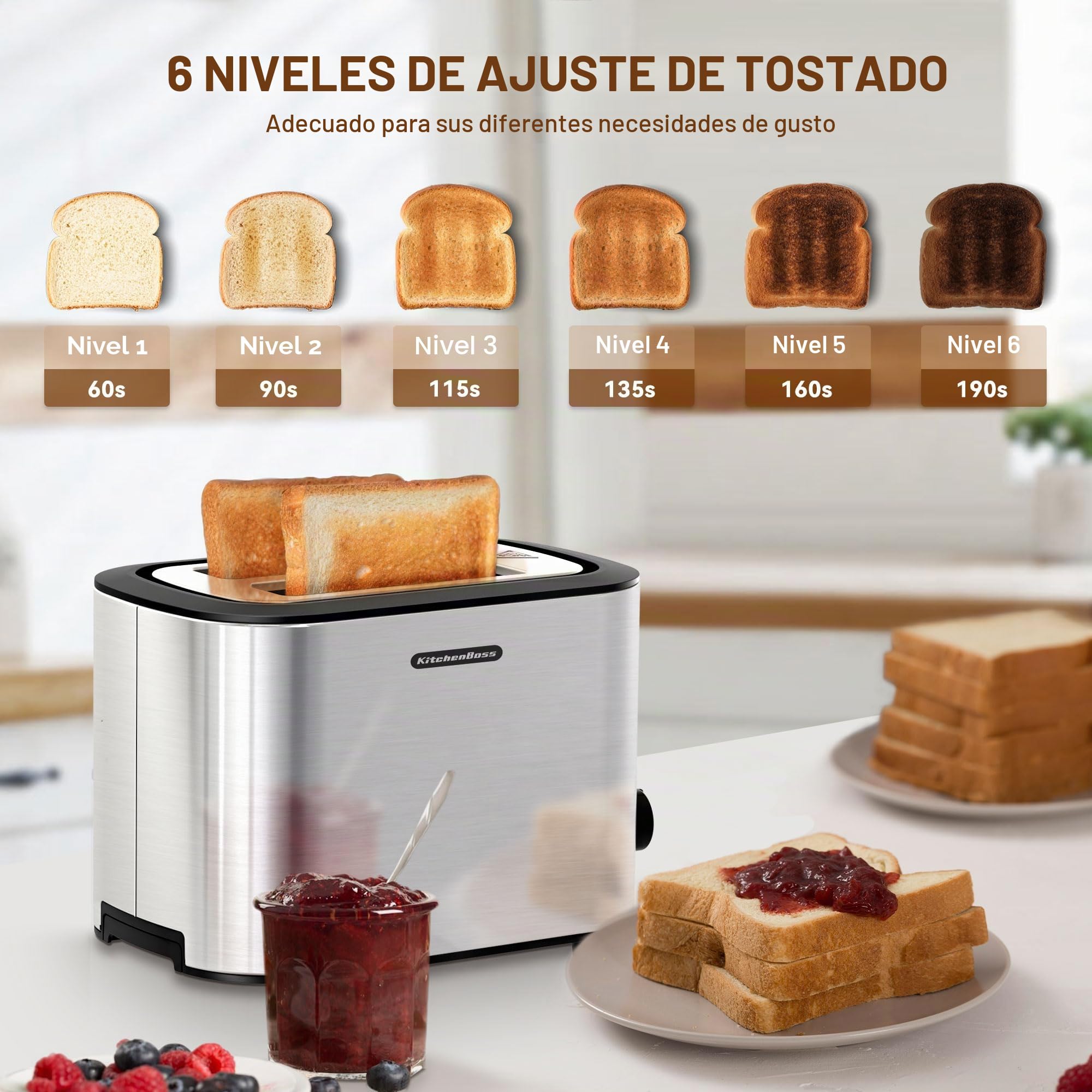 KitchenBoss Tostadora con 2 Rebanadas de 870 W: Tostadora de Acero Inoxidable con Accesorio para Panecillos y Bandeja Recogemigas, 6 Niveles de Tostado