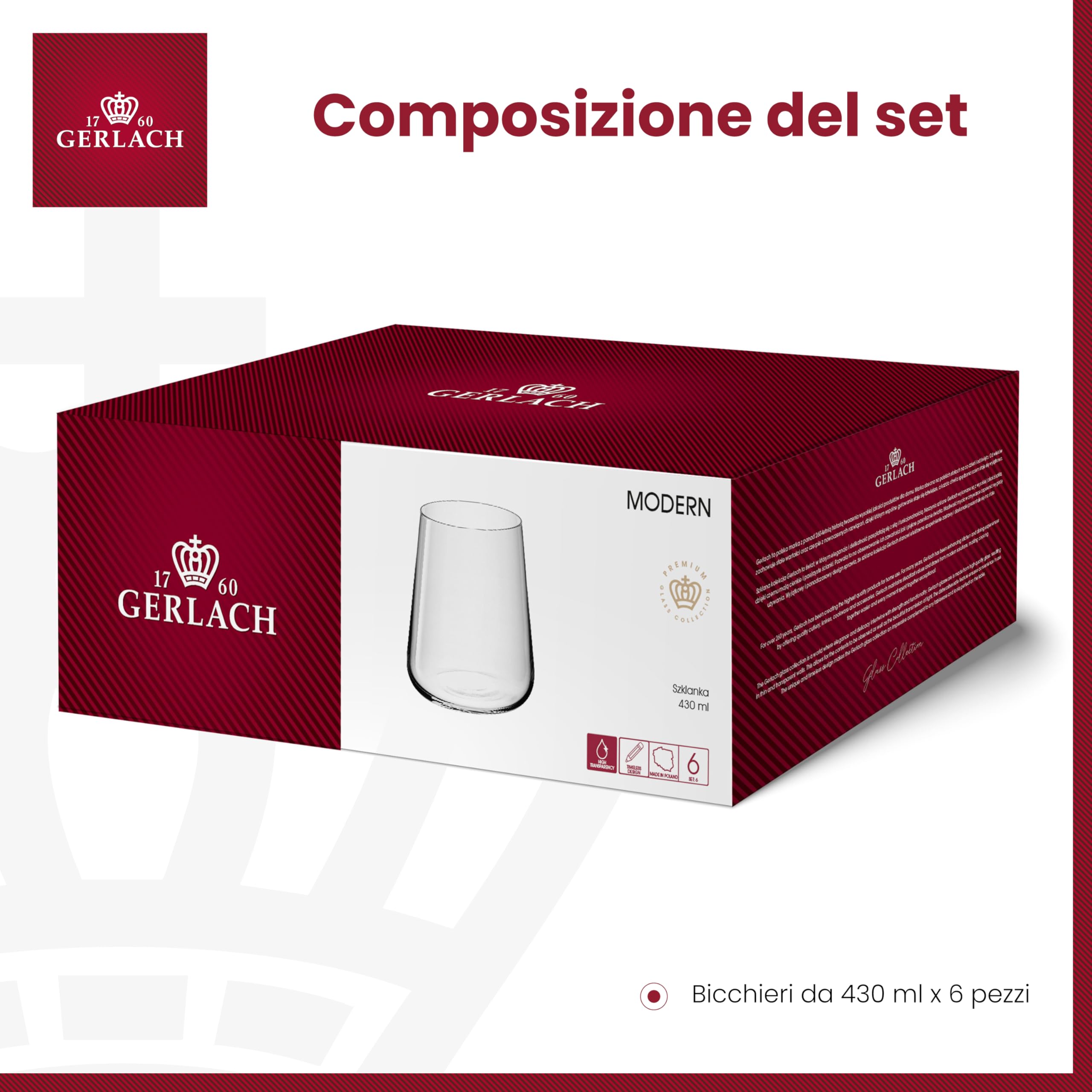 Gerlach 1760, set di 6 bicchieri da acqua, 430 ml, bicchieri da cocktail, bicchieri da succhi di frutta, da dessert, lavabili in lavastoviglie, moderni