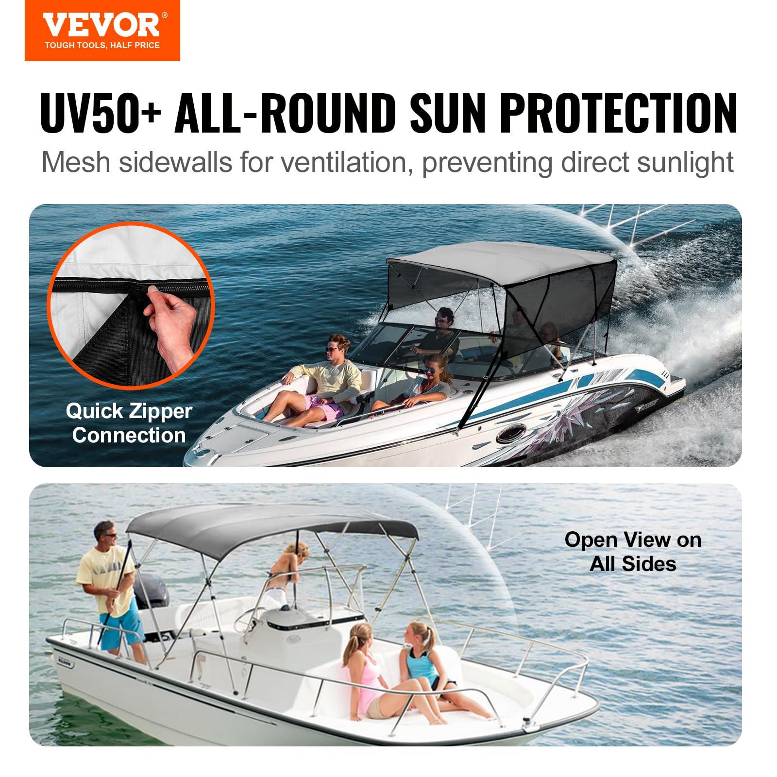 VEVOR Bimini - Lona para Barco de 4 Arcos, Ancho de instalación: 231 a 244 cm, poliéster 600D, con Paredes Laterales de Malla extraíbles, Impermeable y protección Solar, con Caja de