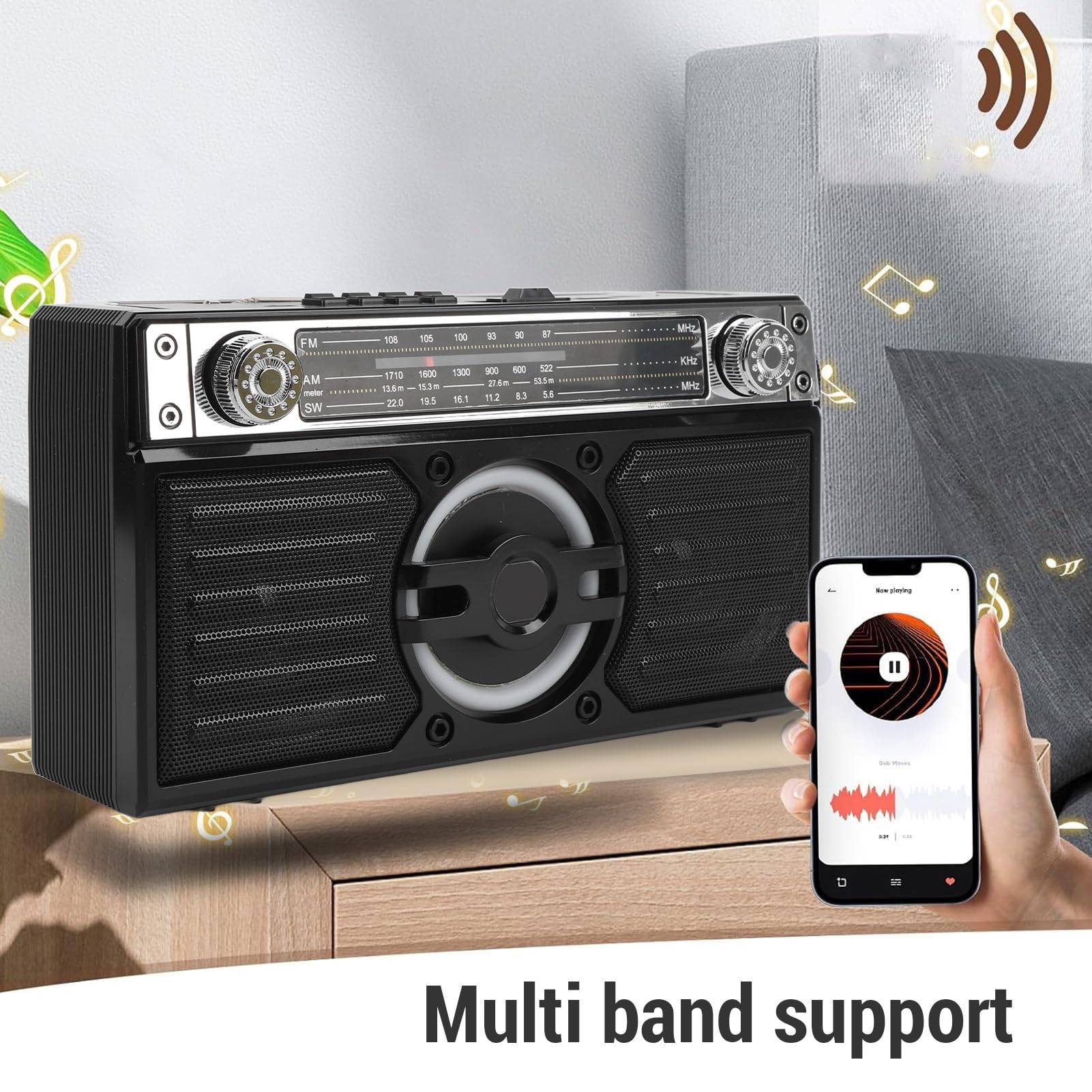 VBESTLIFE Przenośne Radio, Bluetooth FM AM SW z Czytnikiem Kart USB, Podwójne Głośniki 5 W, 18H żywotności, Typu C, do Podróży na Zewnątrz Domu (BLACK)