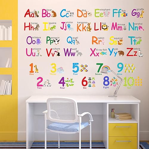 Miniatura 5 de 6 hojas de calcomanías de pared ABC, calcomanías educativas del alfabeto grande para niños pequeños, letras de animales de dibujos animados,
