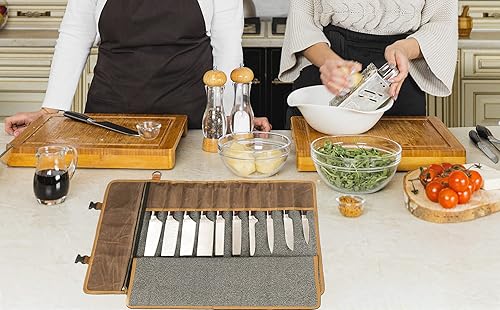 Miniatura 18 de Rollo de cuchillos, organizador de estuches para cuchillos, lona encerada duradera con forro resistente a cortes, 5 bolsillos (caqui) Caqui