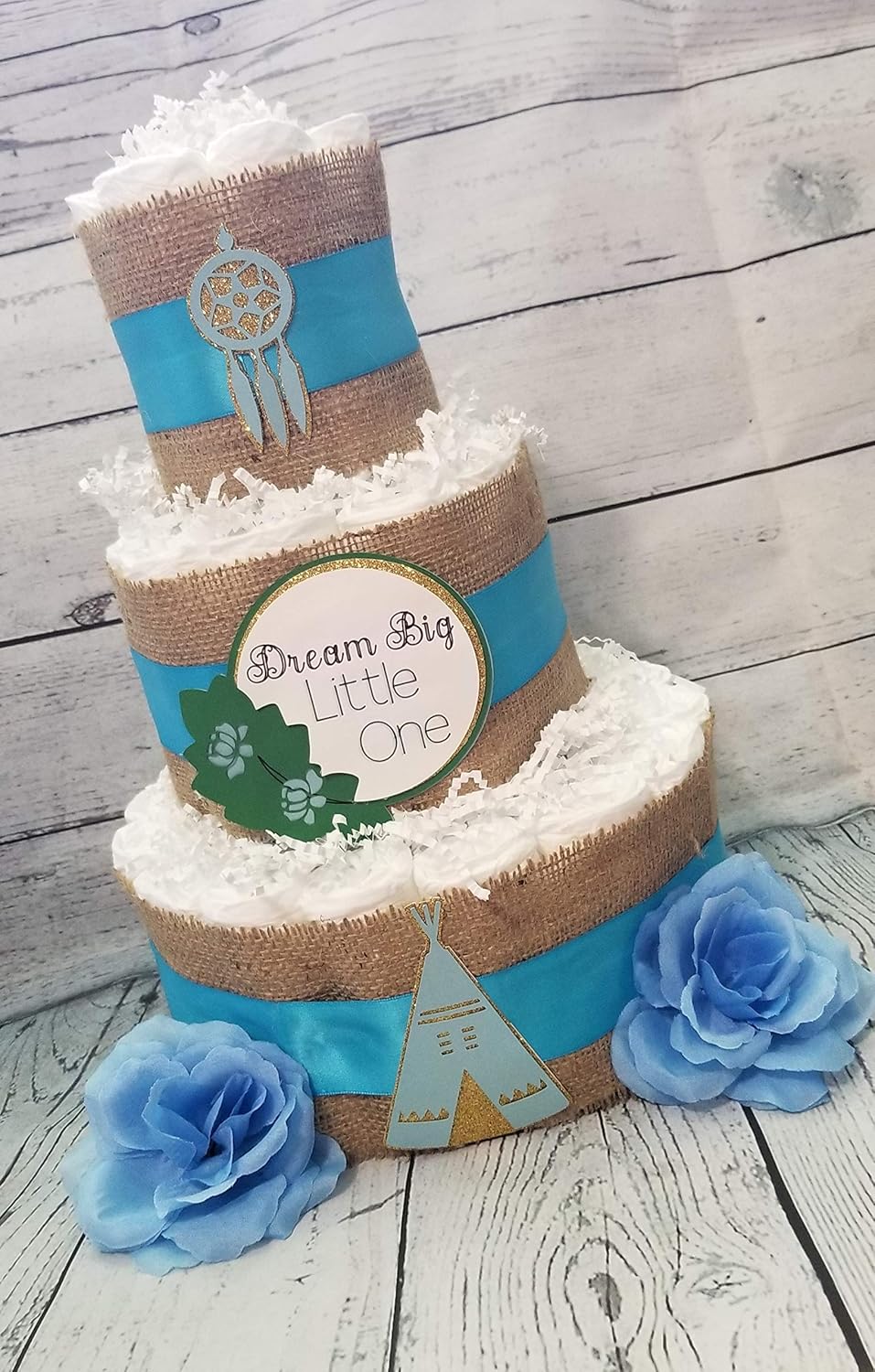 3 Tier Diaper Cake - Boho Chic Diaper Cake Burlap, Floral Hoop (Pink, Light Baby Blue and Turquiose Options)